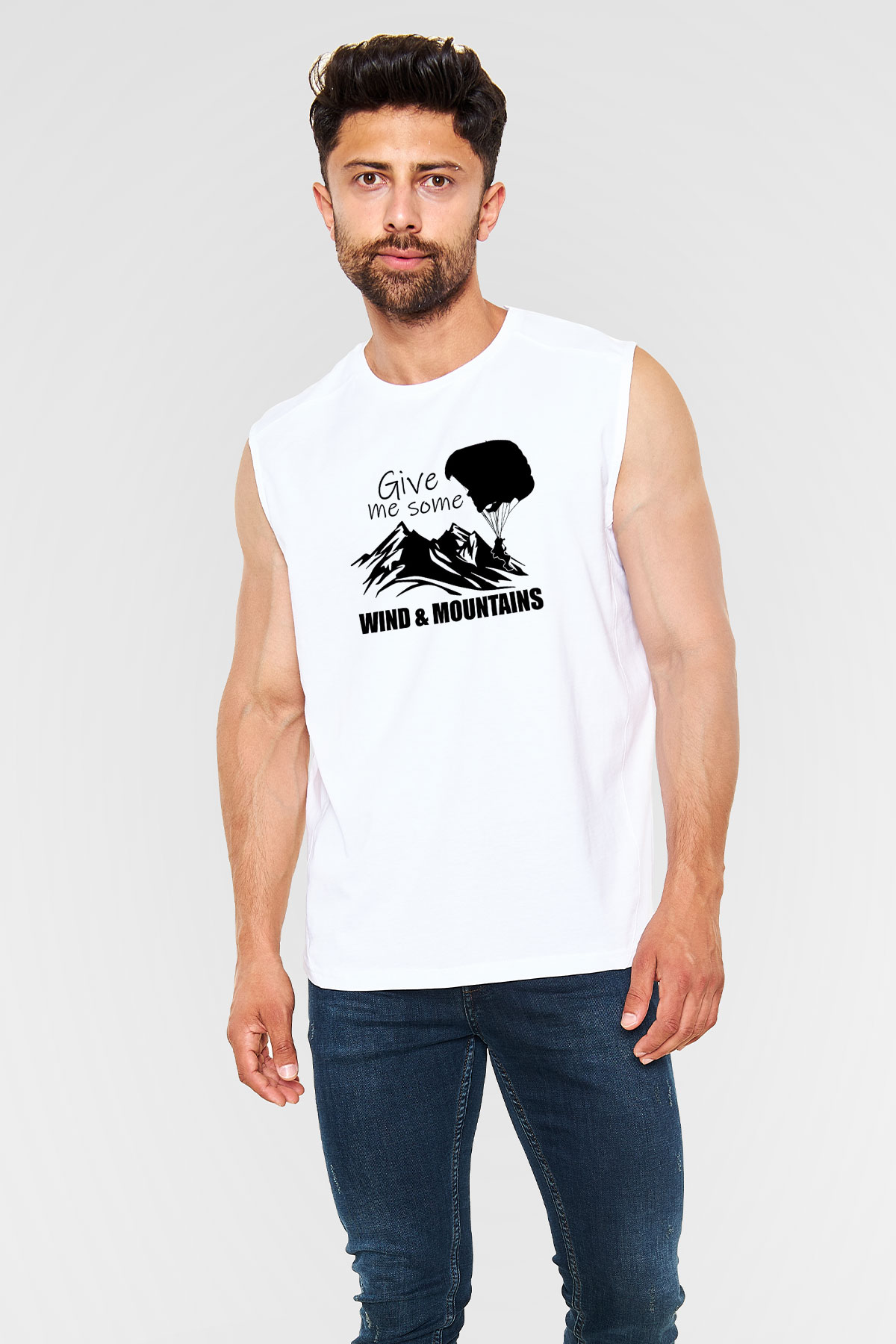Yamaç Paraşütü Baskılı Unisex Kolsuz Beyaz Tişört