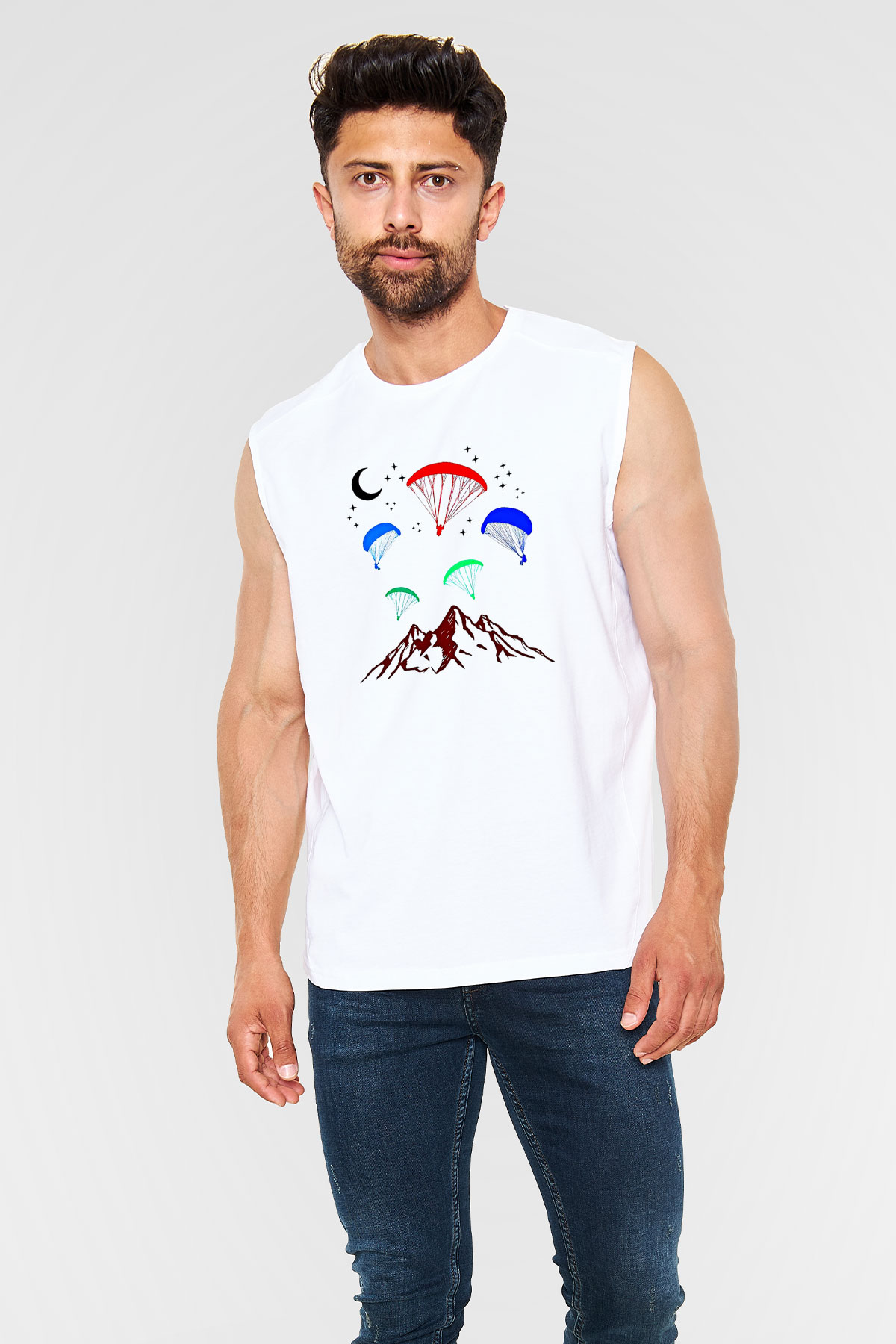 Yamaç Paraşütü Baskılı Unisex Kolsuz Beyaz Tişört