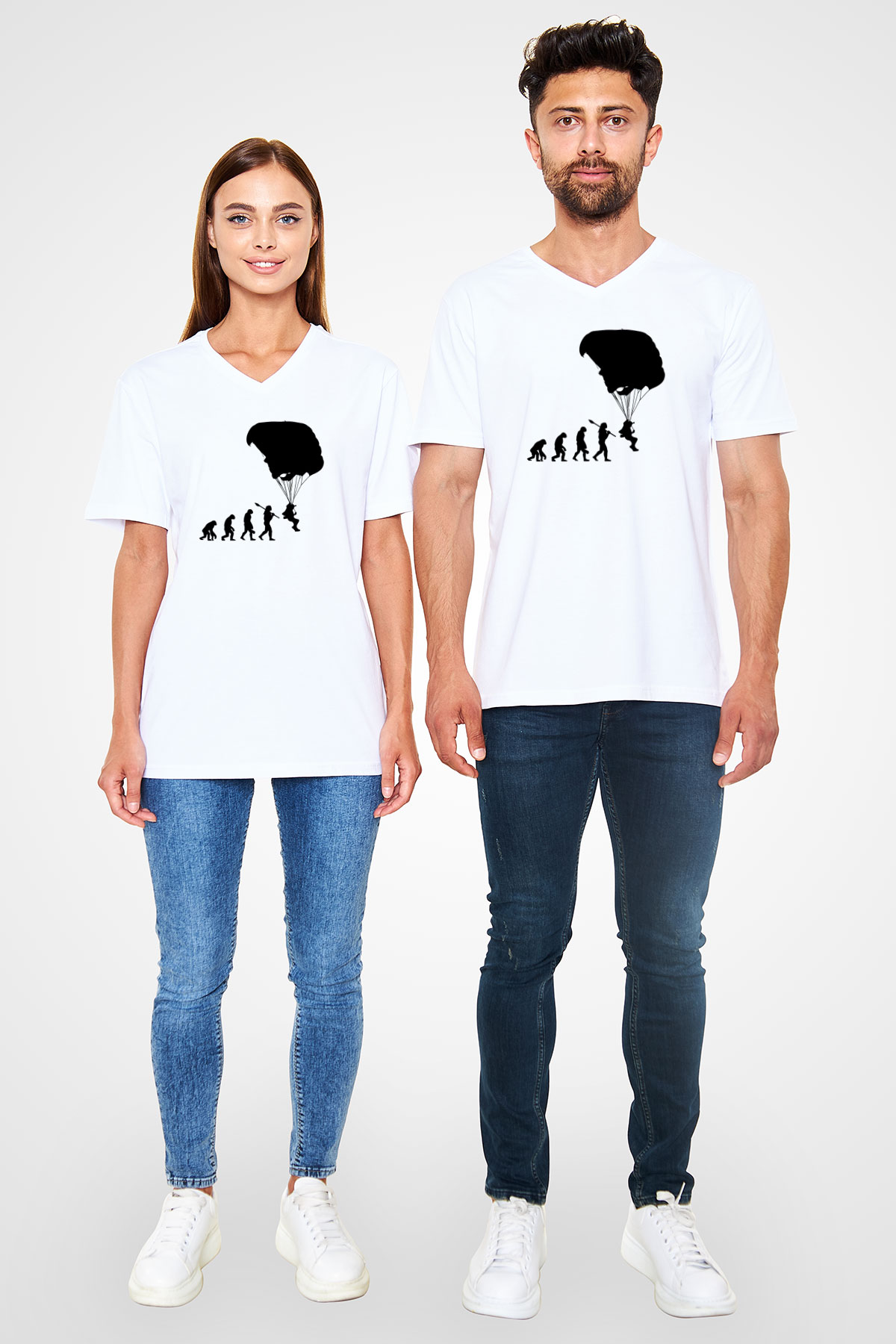 Yamaç Paraşütü Baskılı Unisex V Yaka Tişört - Tshirt