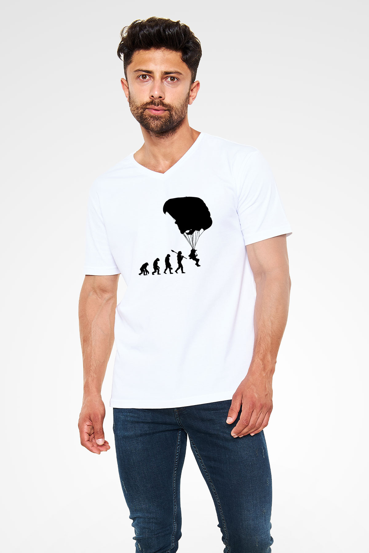 Yamaç Paraşütü Baskılı Unisex V Yaka Tişört - Tshirt