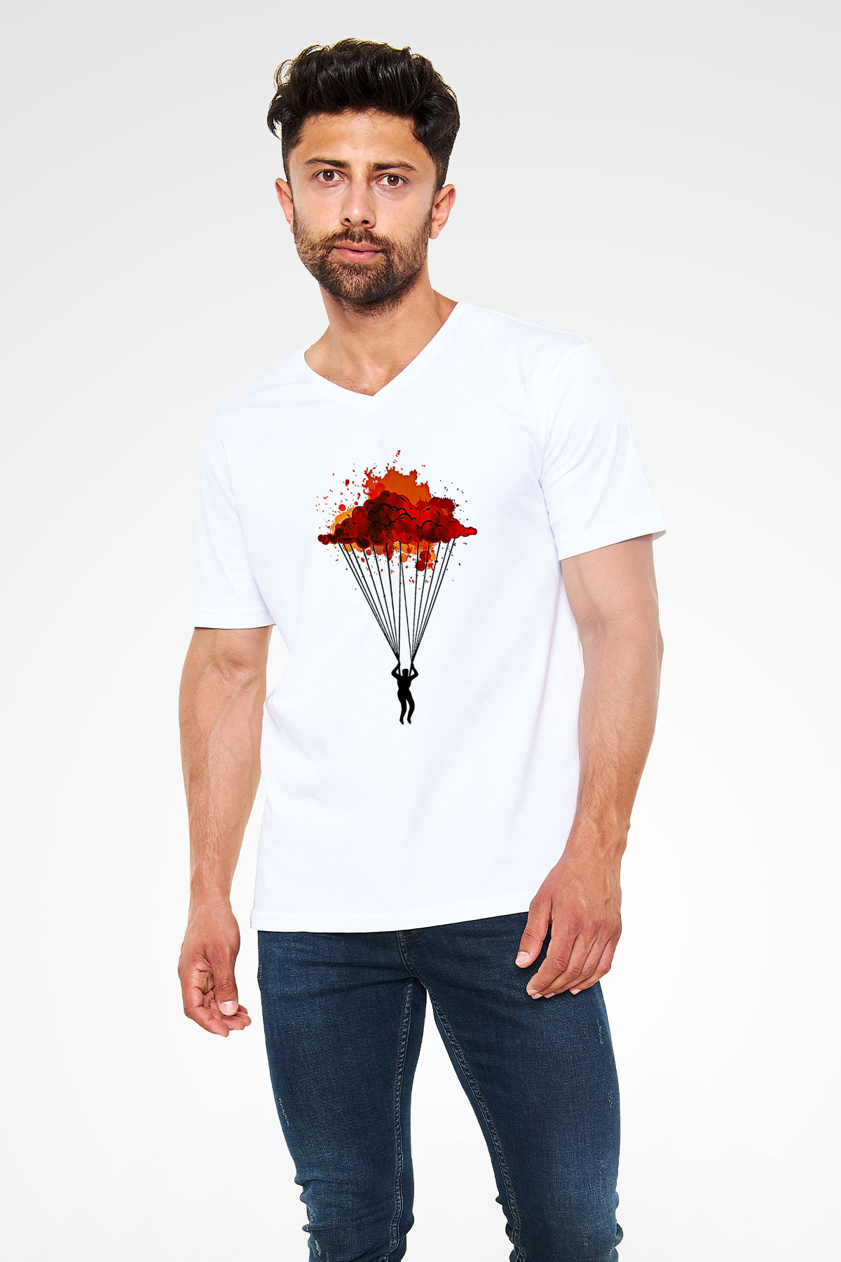Yamaç Paraşütü Baskılı Unisex V Yaka Tişört - Tshirt