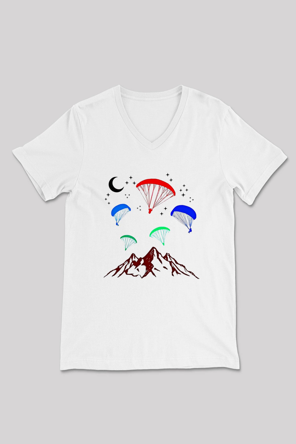 Yamaç Paraşütü Baskılı Unisex V Yaka Tişört - Tshirt