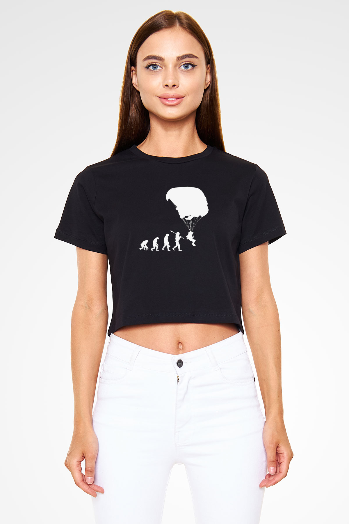 Yamaç Paraşütü - Paragliding Baskılı Crop Top Siyah Kadın Tişört - Tshirt