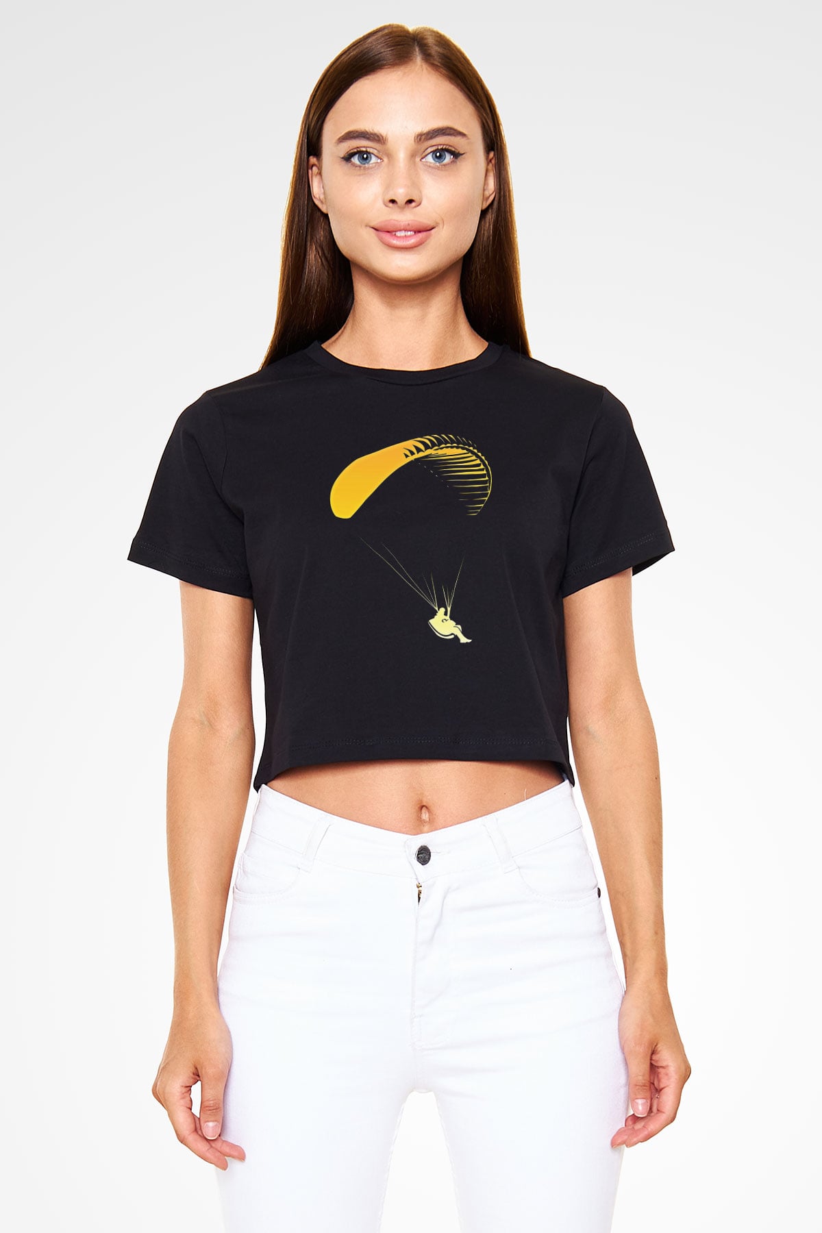 Yamaç Paraşütü - Paragliding Baskılı Crop Top Siyah Kadın Tişört - Tshirt