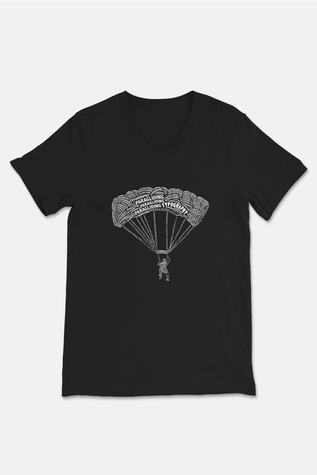 Yamaç Paraşütü - Paragliding Baskılı Unisex Siyah V Yaka Tişört
