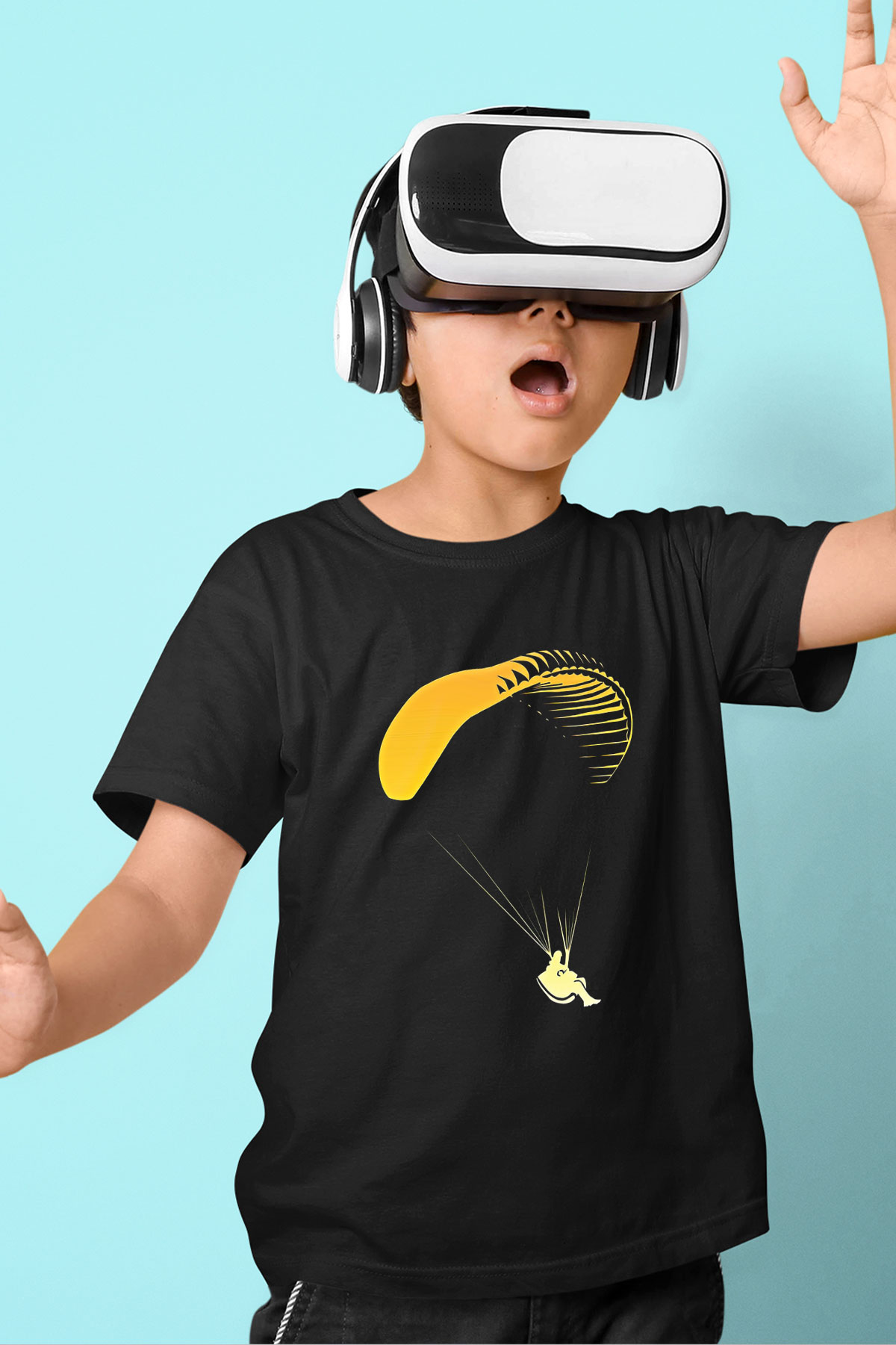 Yamaç Paraşütü - Paragliding Baskılı Unisex Siyah Çocuk Tİşörtü - Tshirt