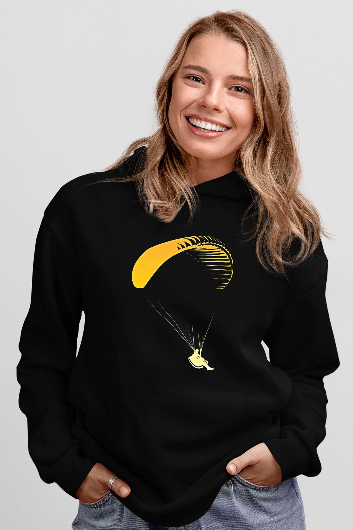 Yamaç Paraşütü - Paragliding Baskılı Unisex Siyah Kapüşonlu Sweatshirt