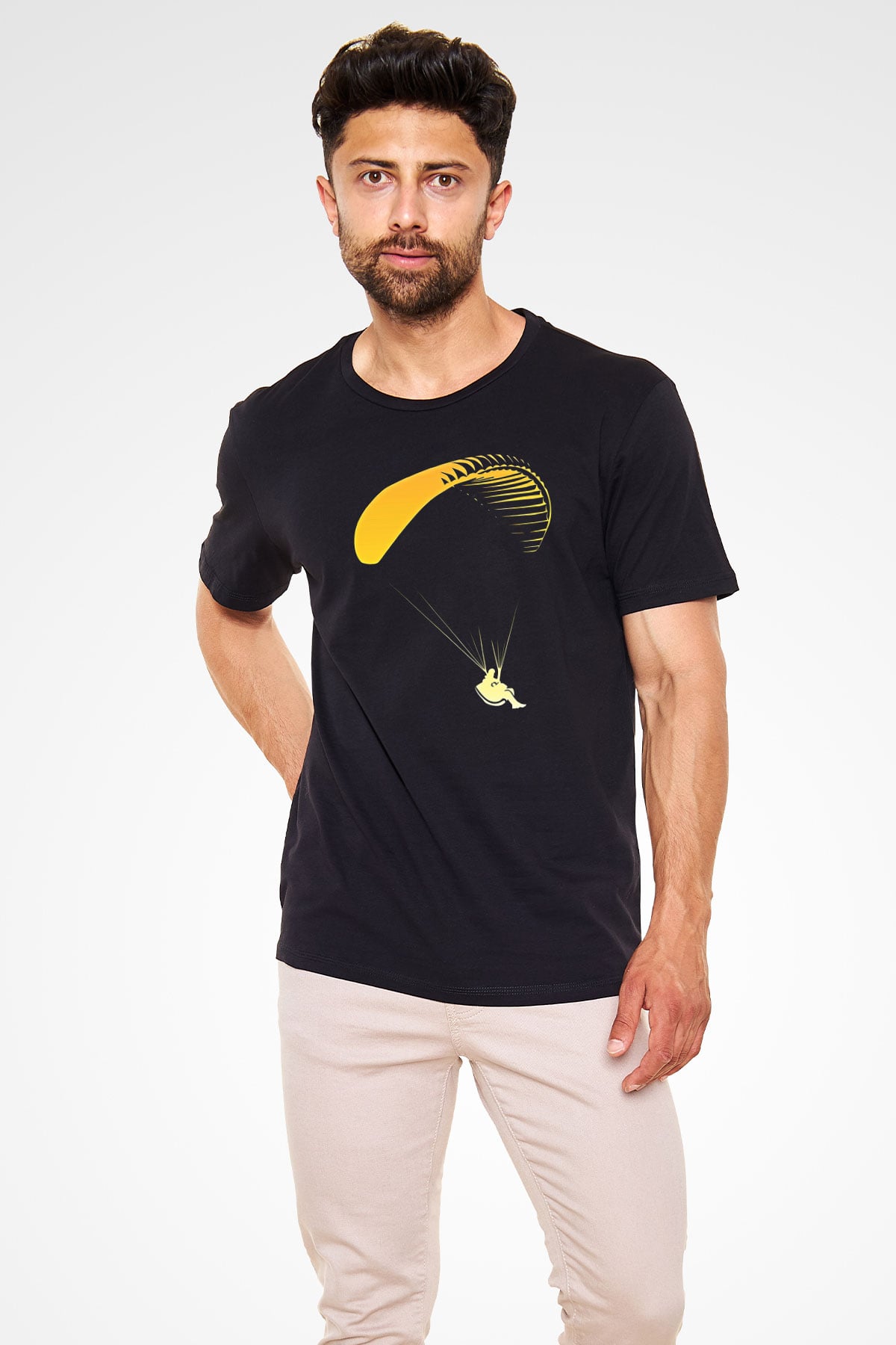 Yamaç Paraşütü - Paragliding Baskılı Unisex Siyah Tişört - Tshirt
