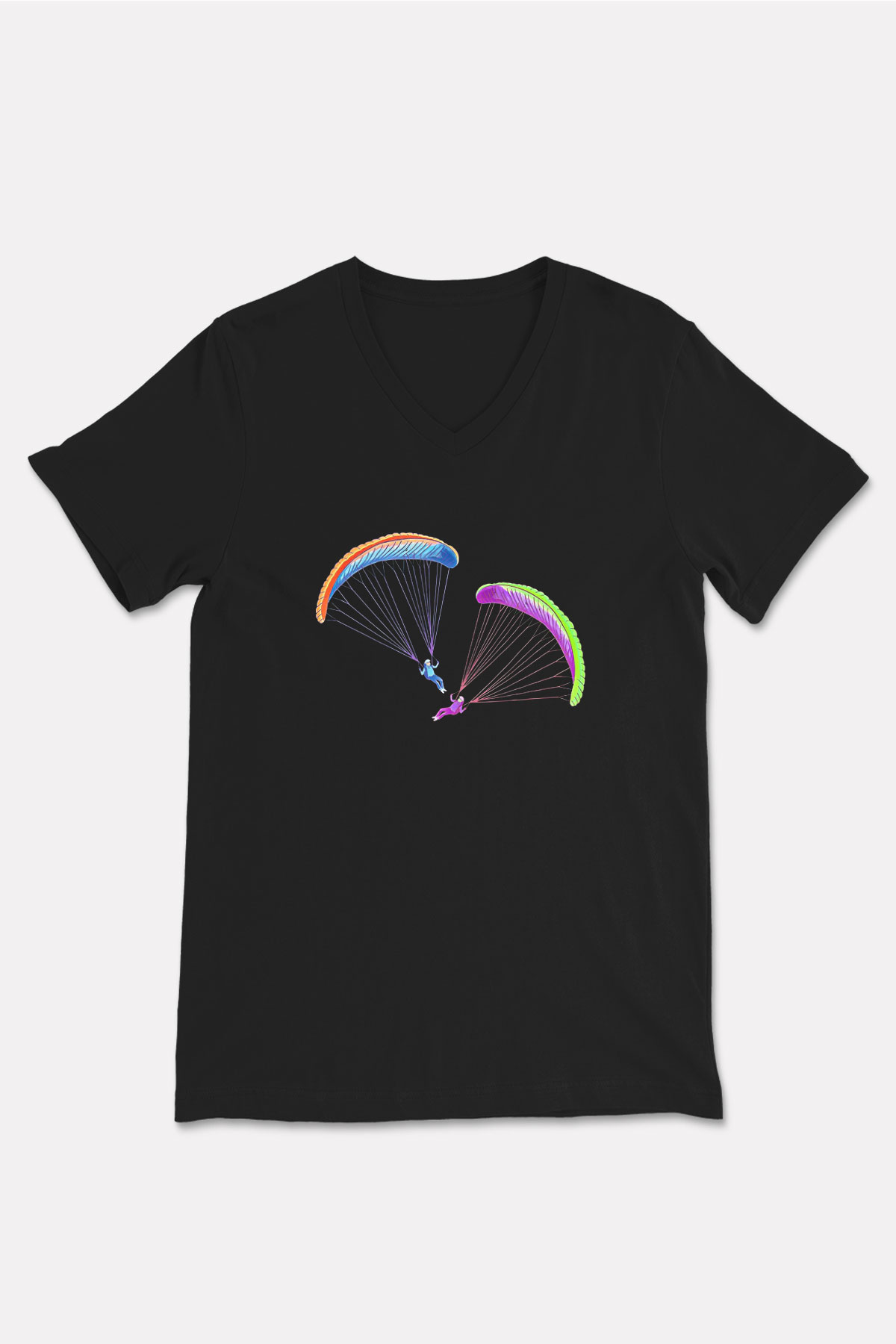 Yamaç Paraşütü - Paragliding Baskılı Unisex Siyah V Yaka Tişört