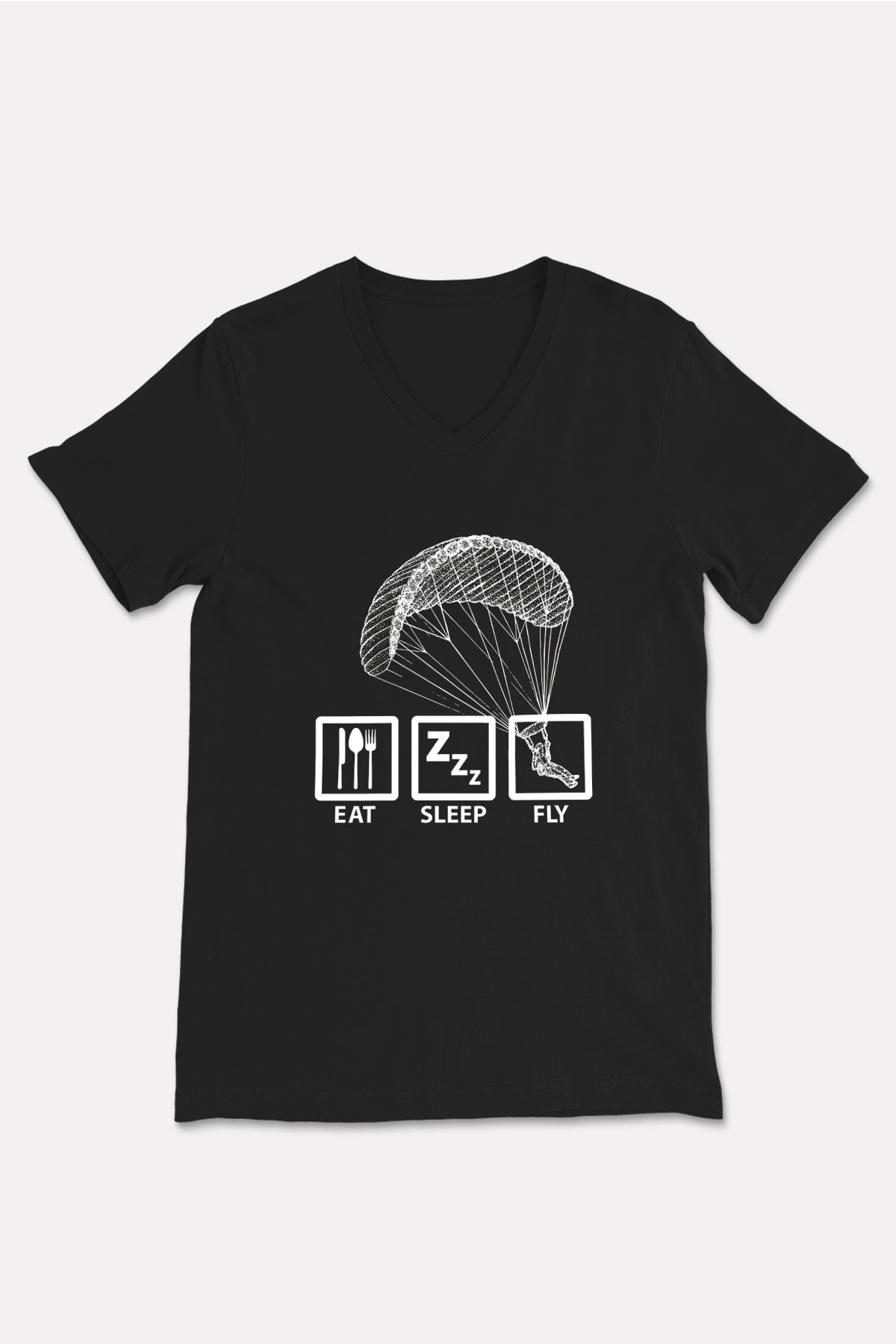 Yamaç Paraşütü - Paragliding Baskılı Unisex Siyah V Yaka Tişört