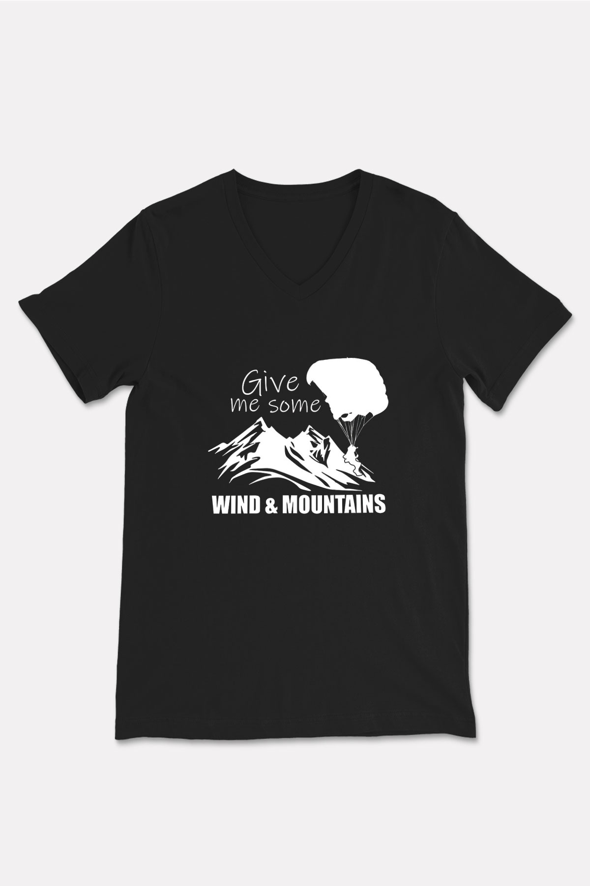 Yamaç Paraşütü - Paragliding Baskılı Unisex Siyah V Yaka Tişört