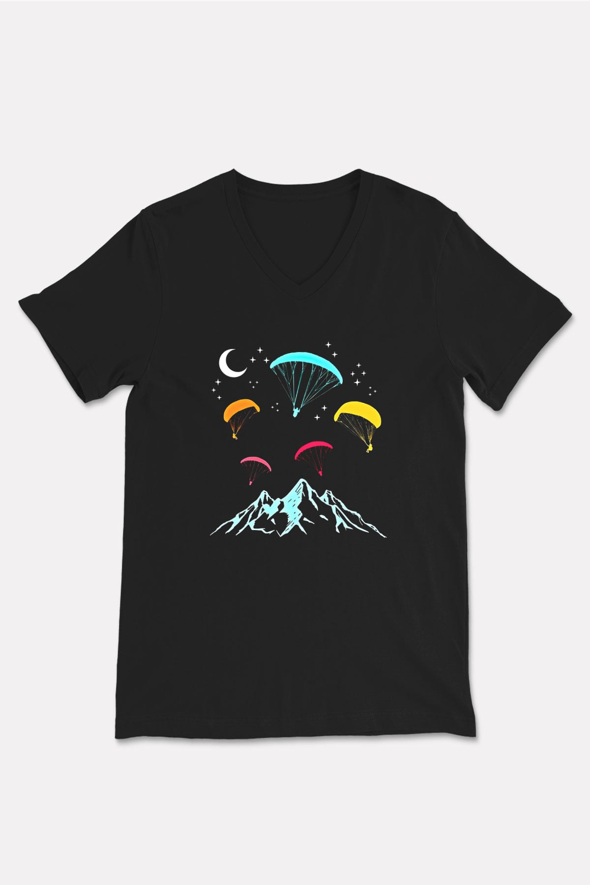 Yamaç Paraşütü - Paragliding Baskılı Unisex Siyah V Yaka Tişört