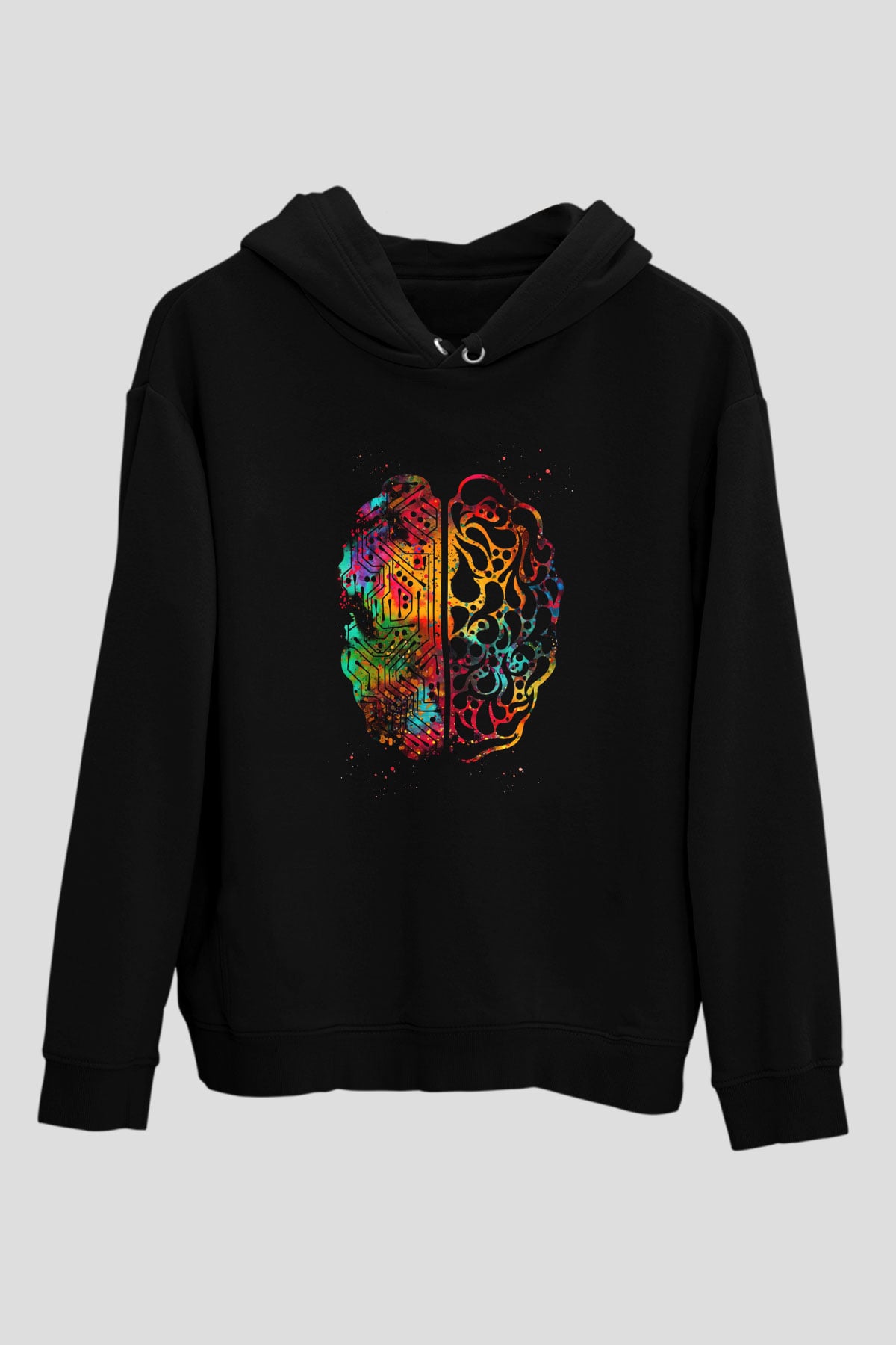 Yapay Zeka Beyin Baskılı Unisex Siyah Kapüşonlu Sweatshirt