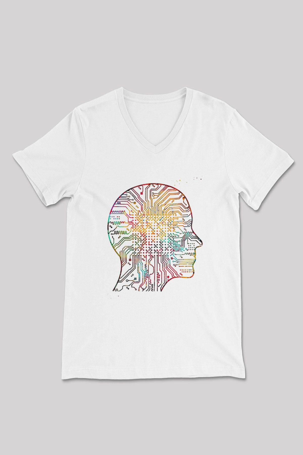 Yapay Zeka Renkli Baskılı Unisex V Yaka Beyaz Tişört - Tshirt