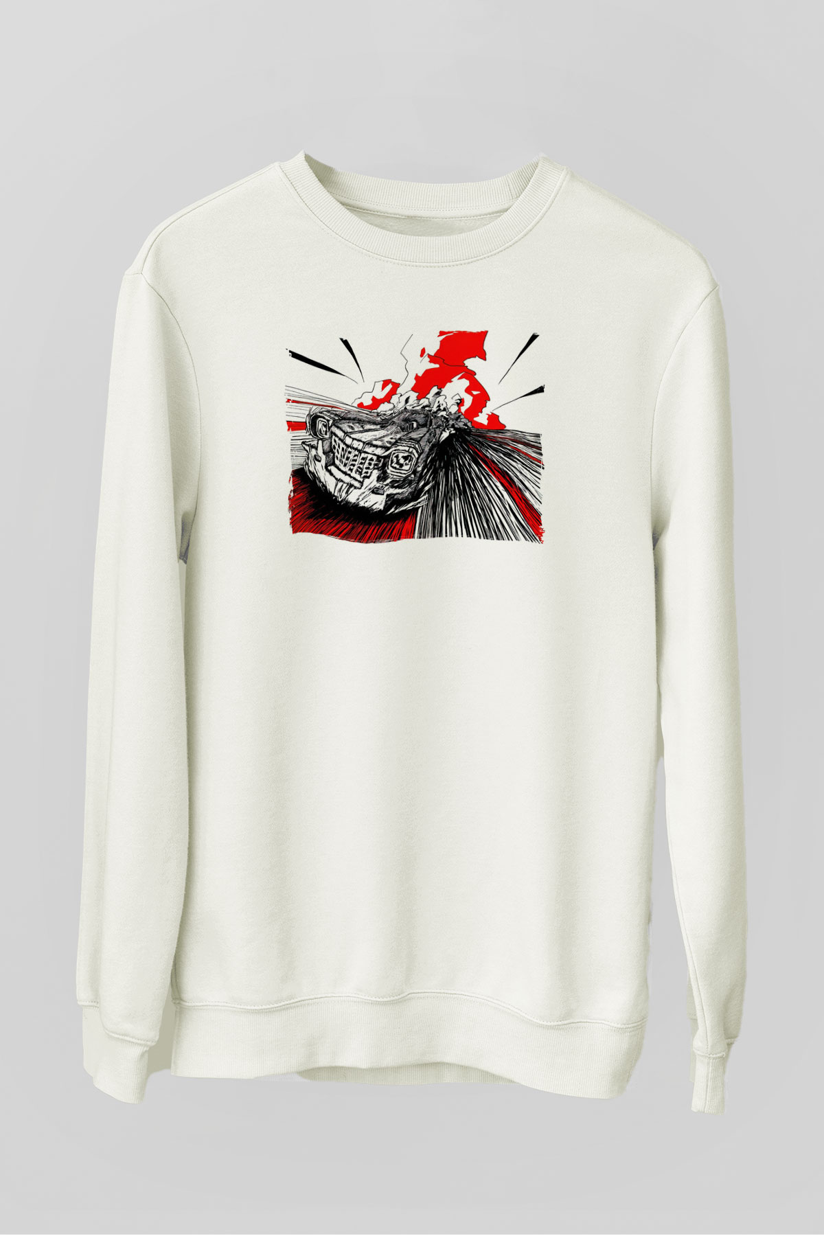 Yarış Arabası Baskılı Unisex Beyaz  Sweatshirt