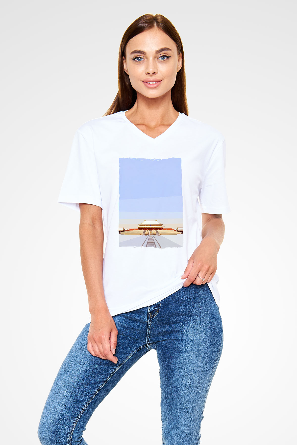 Yasak Şehir Beyaz Unisex V Yaka Tişört