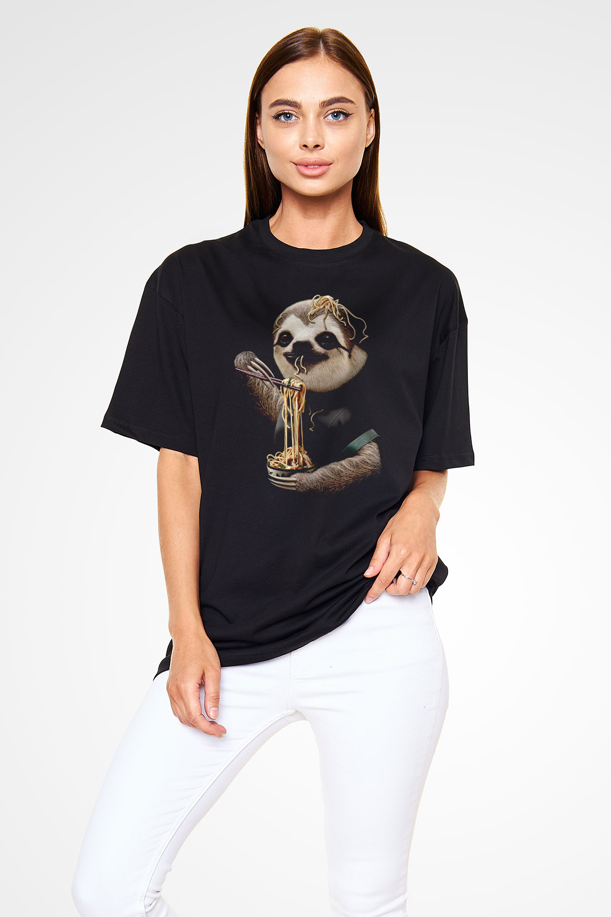 Yavaş Yeme Yarışması Baskılı Unisex Siyah Tişört