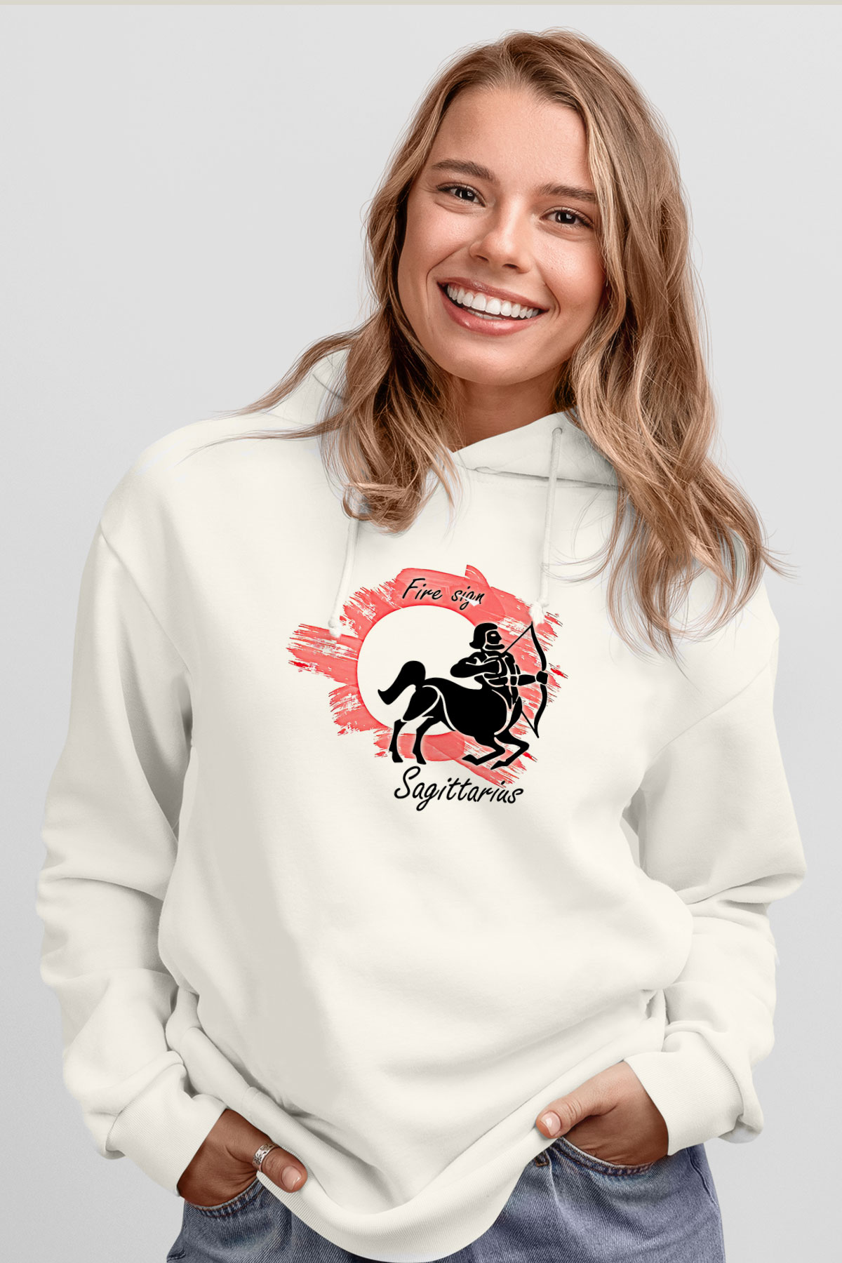 Yay Burcu Baskılı Beyaz Unisex Hoodie