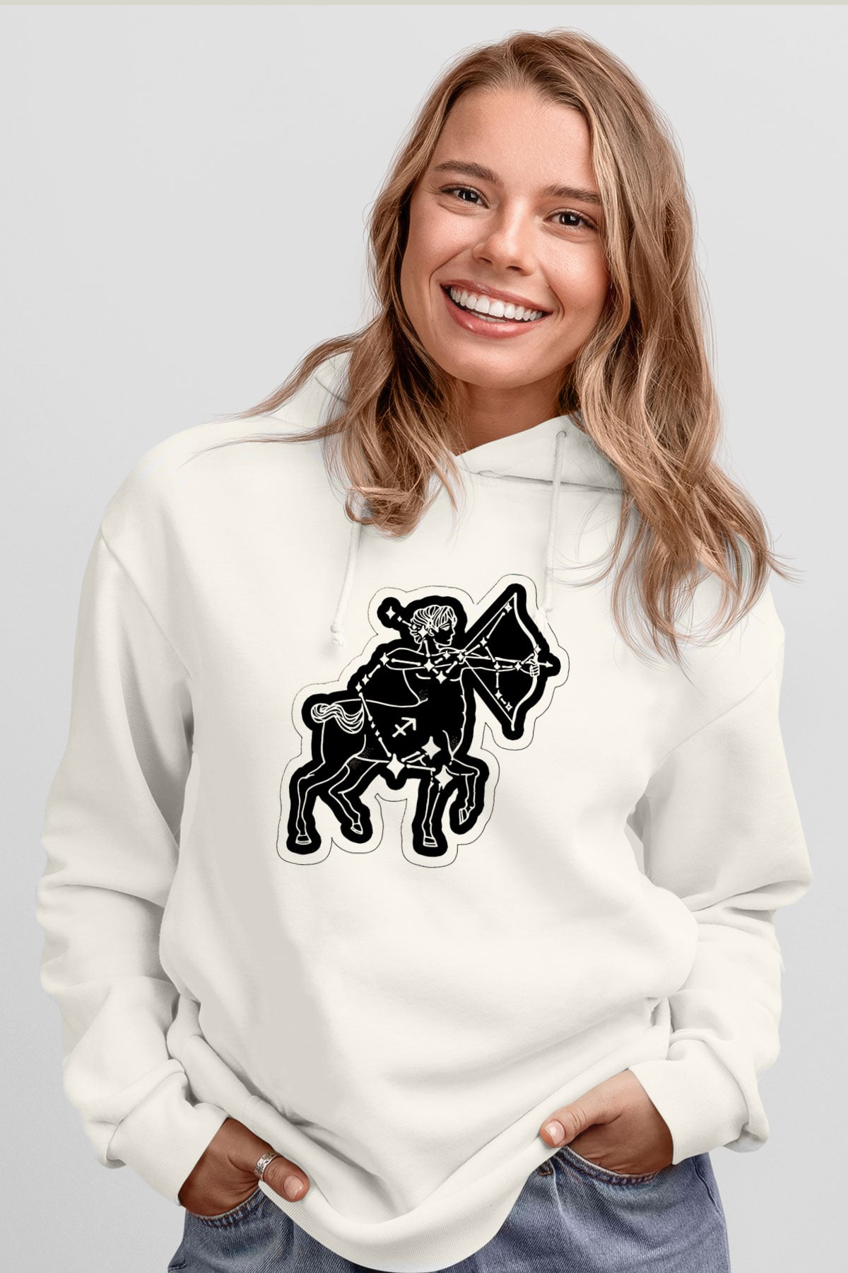 Yay Burcu Baskılı Beyaz Unisex Hoodie