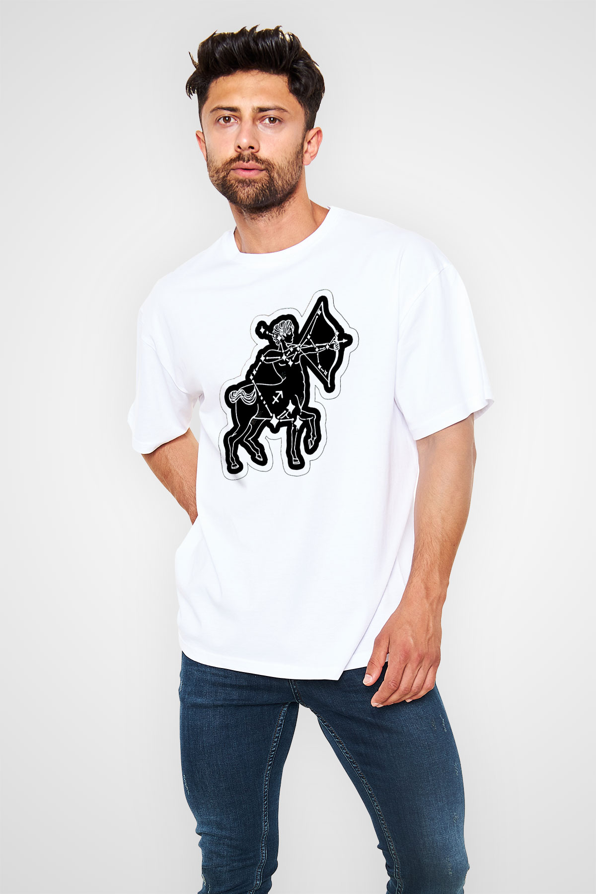 Yay Burcu Baskılı Beyaz Unisex Oversize Tişört - Tshirt