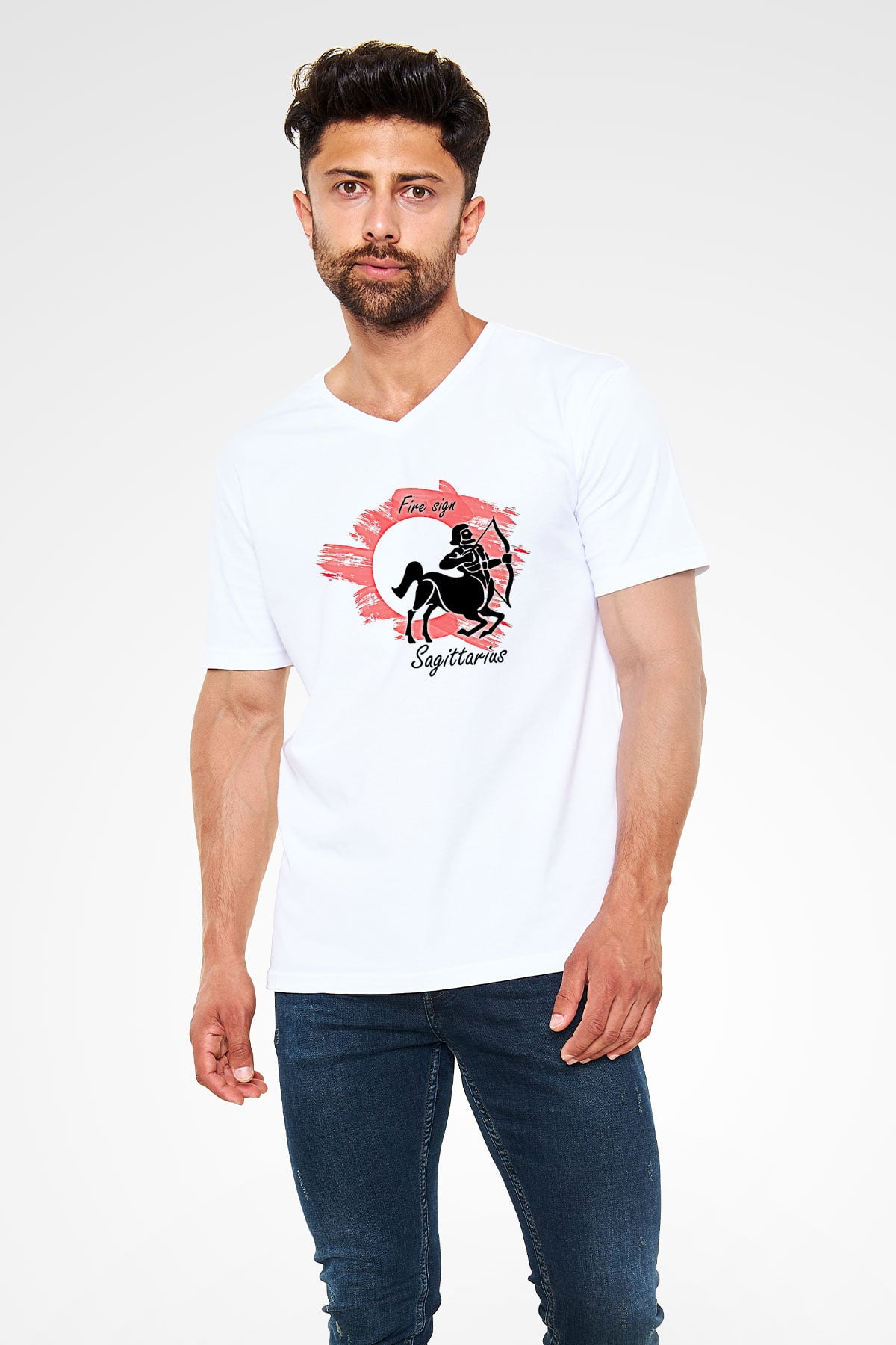 Yay Burcu Baskılı Beyaz Unisex V Yaka Tişört - Tshirt