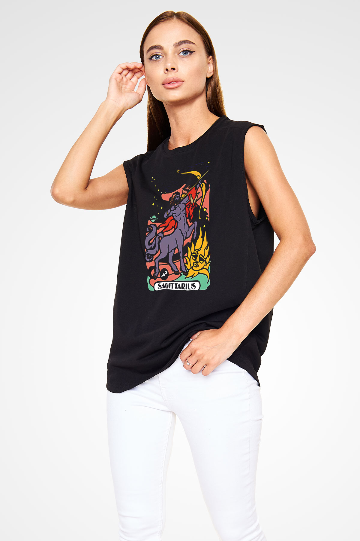 Yay Burcu Baskılı Unisex Siyah Kolsuz Tişört - Tshirt