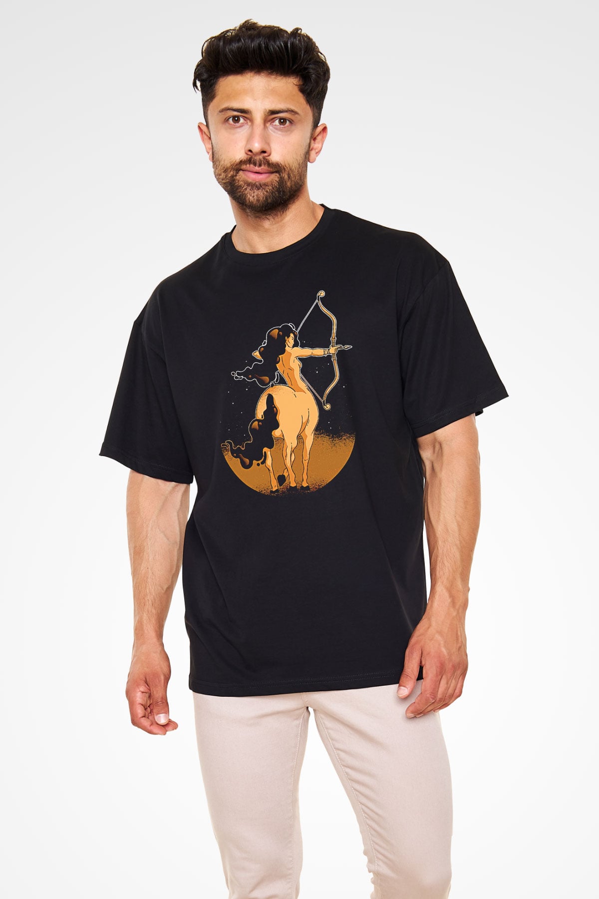 Yay Burcu Baskılı Unisex Siyah Oversize Tişört - Tshirt