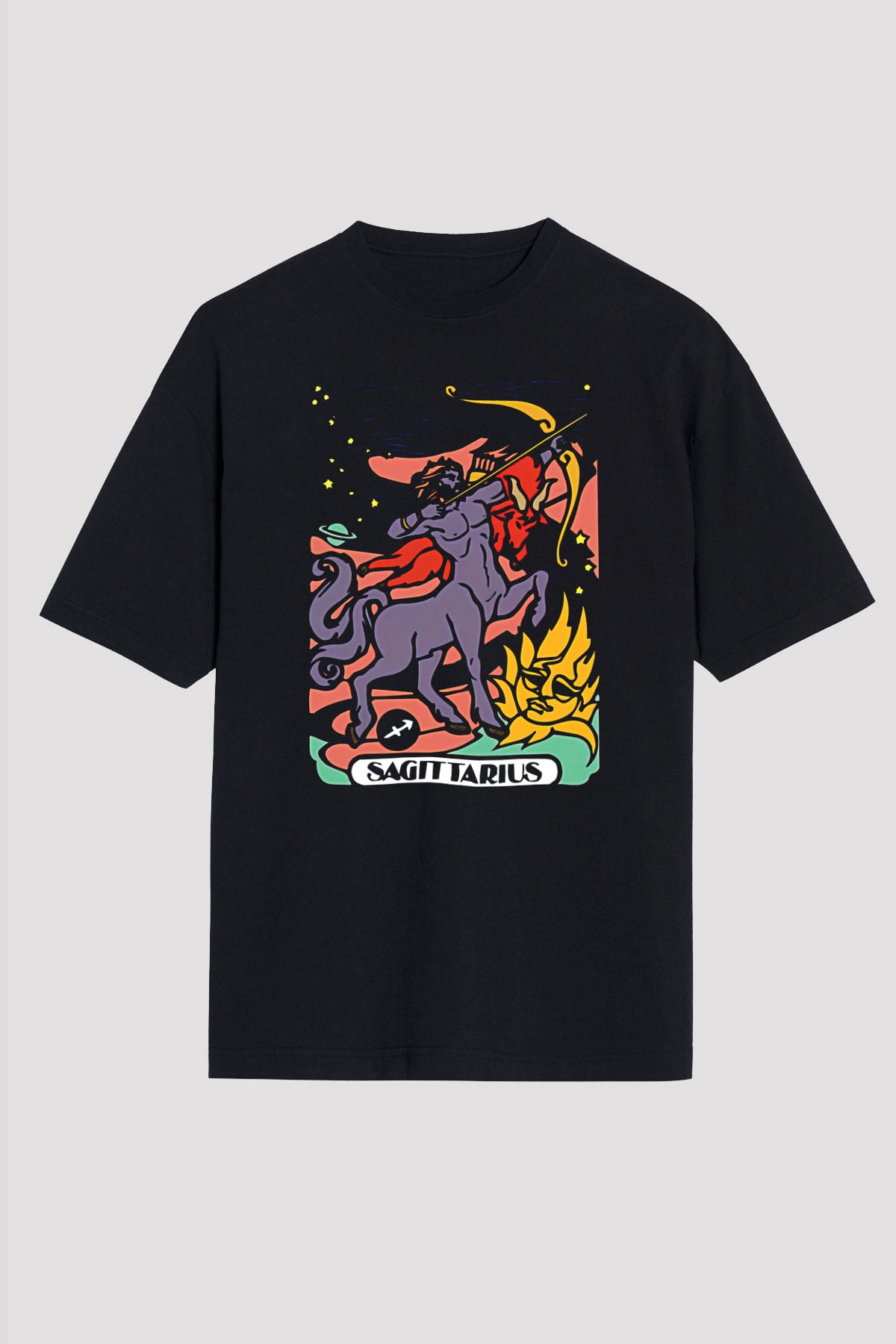 Yay Burcu Baskılı Unisex Siyah Oversize Tişört - Tshirt