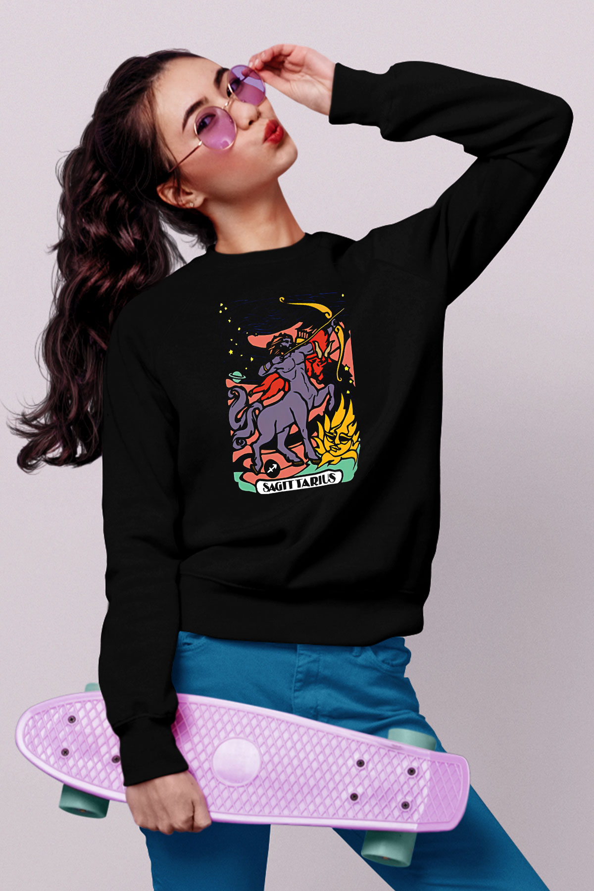 Yay Burcu Baskılı Unisex Siyah Sweatshirt