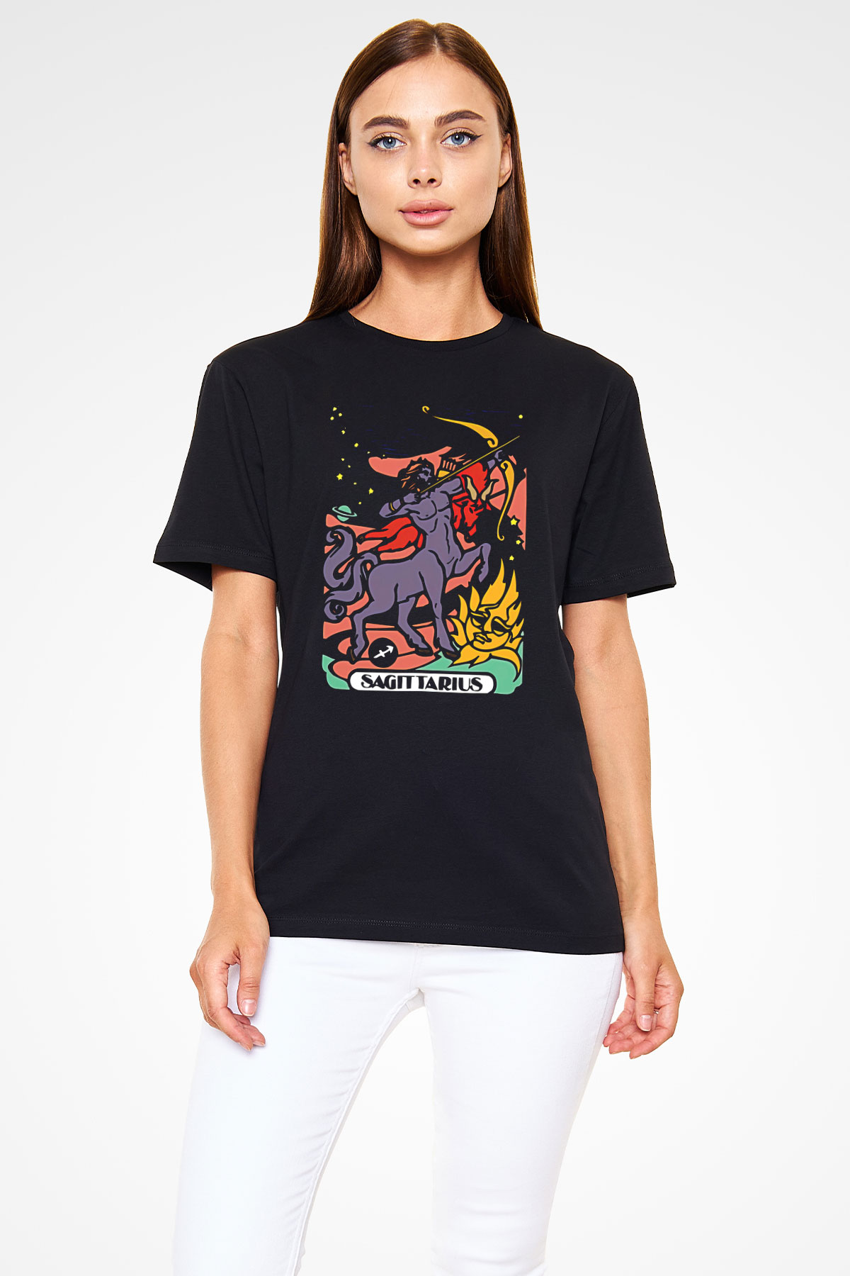 Yay Burcu Baskılı Unisex Siyah Tişört - Tshirt