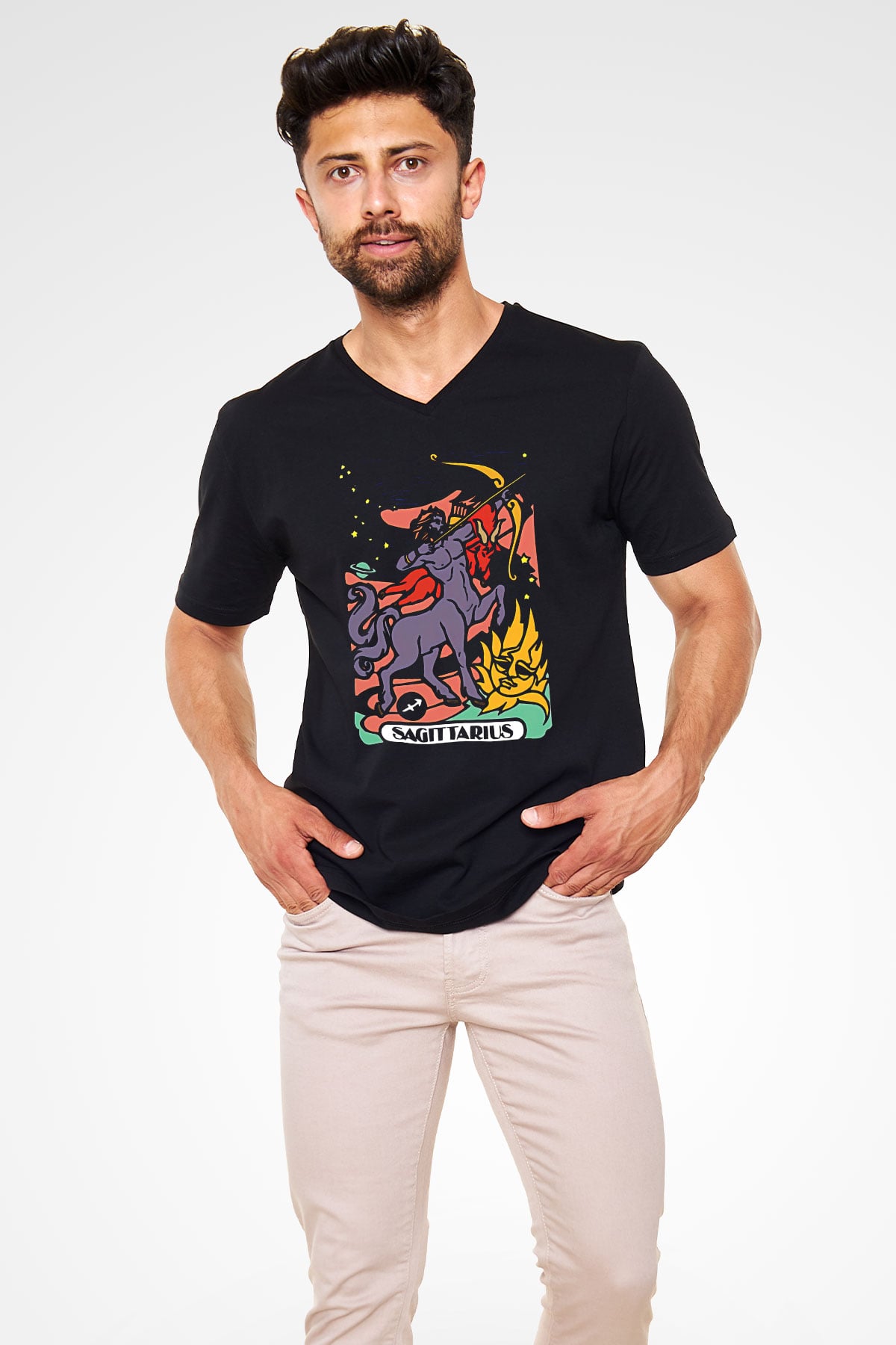 Yay Burcu Baskılı Unisex Siyah V Yaka Tişört - Tshirt
