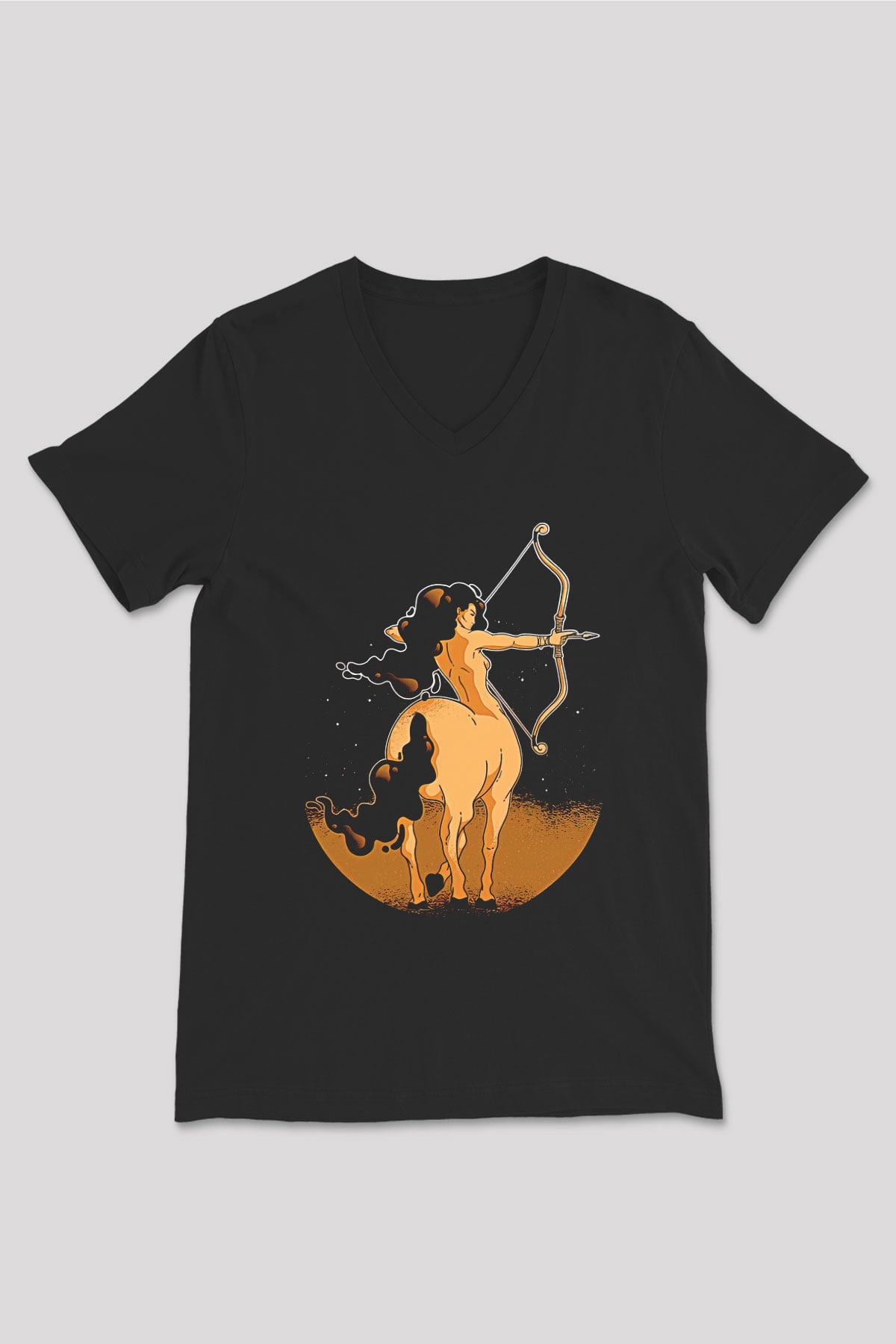 Yay Burcu Baskılı Unisex Siyah V Yaka Tişört - Tshirt
