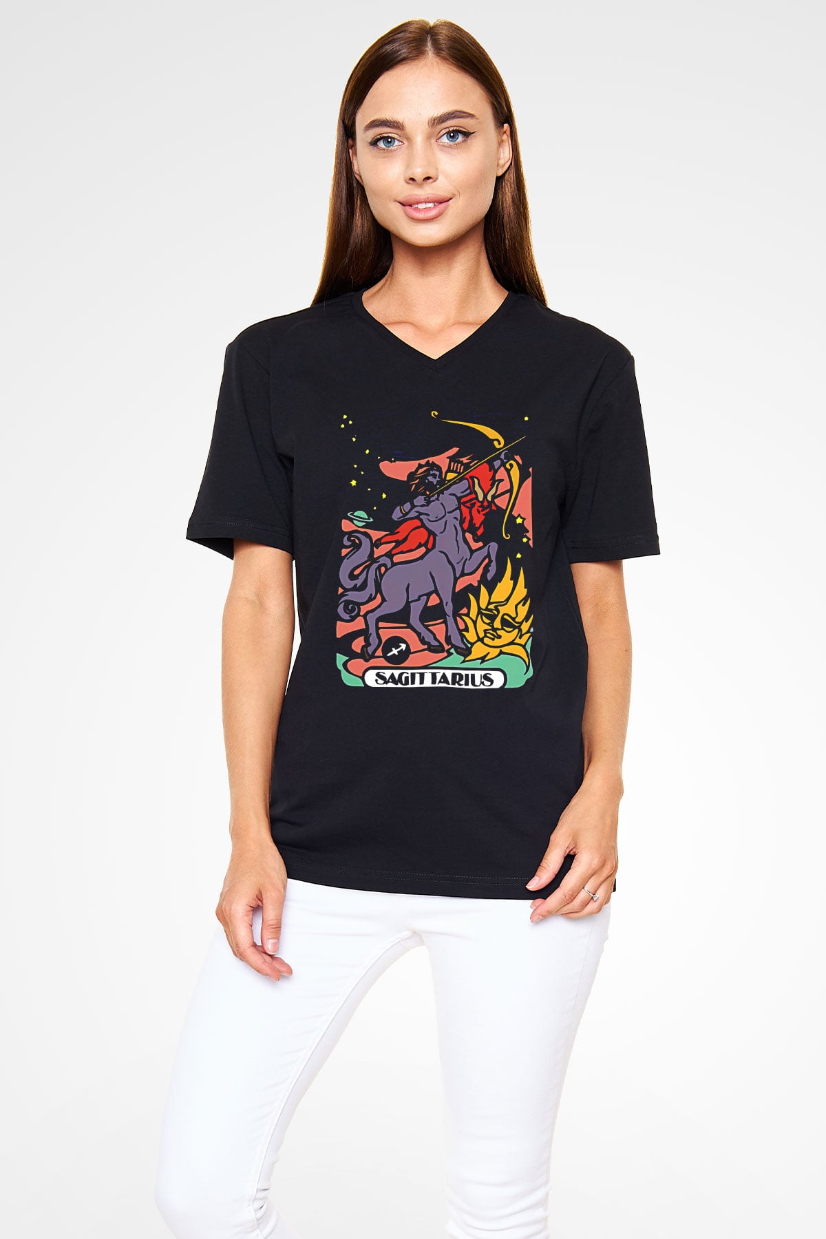 Yay Burcu Baskılı Unisex Siyah V Yaka Tişört - Tshirt