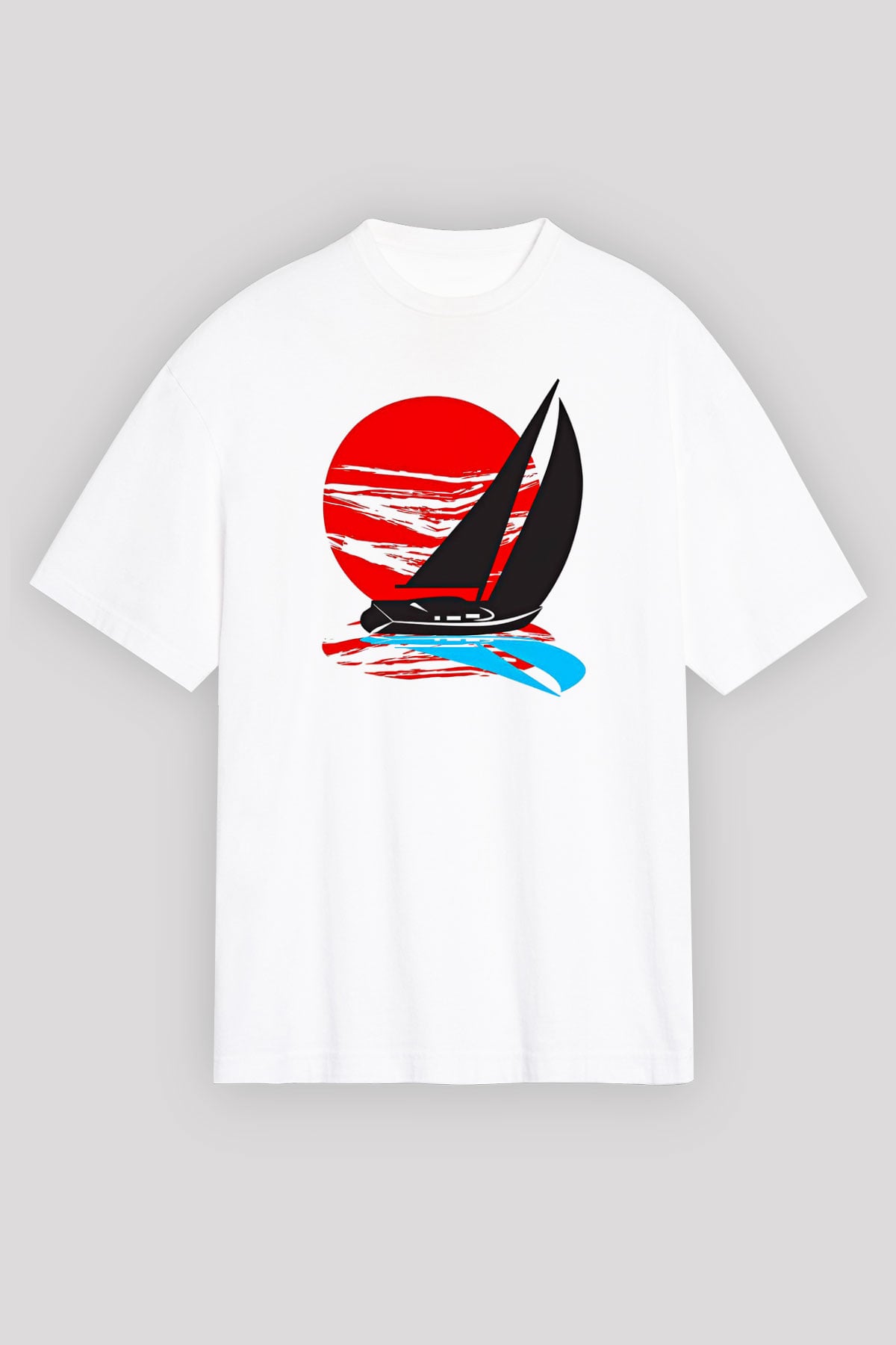 Yelken Baskılı Unisex Beyaz Oversize Tişört - Tshirt