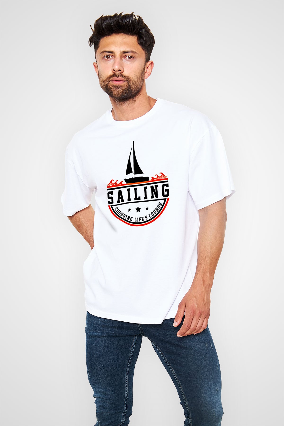 Yelken Baskılı Unisex Beyaz Oversize Tişört - Tshirt