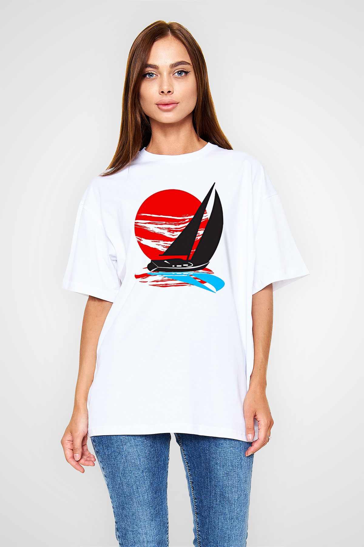 Yelken Baskılı Unisex Beyaz Oversize Tişört - Tshirt