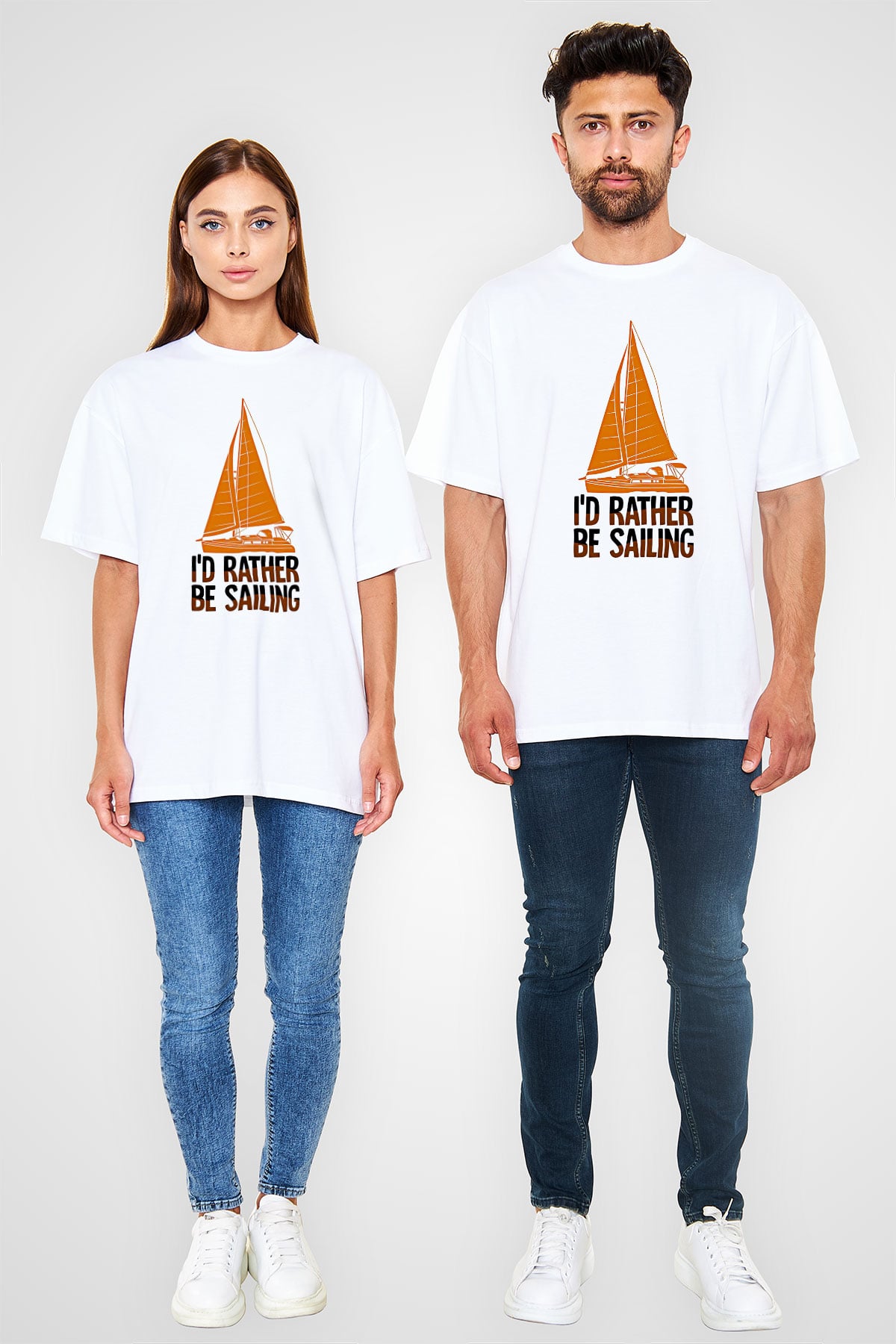 Yelken Baskılı Unisex Beyaz Oversize Tişört - Tshirt