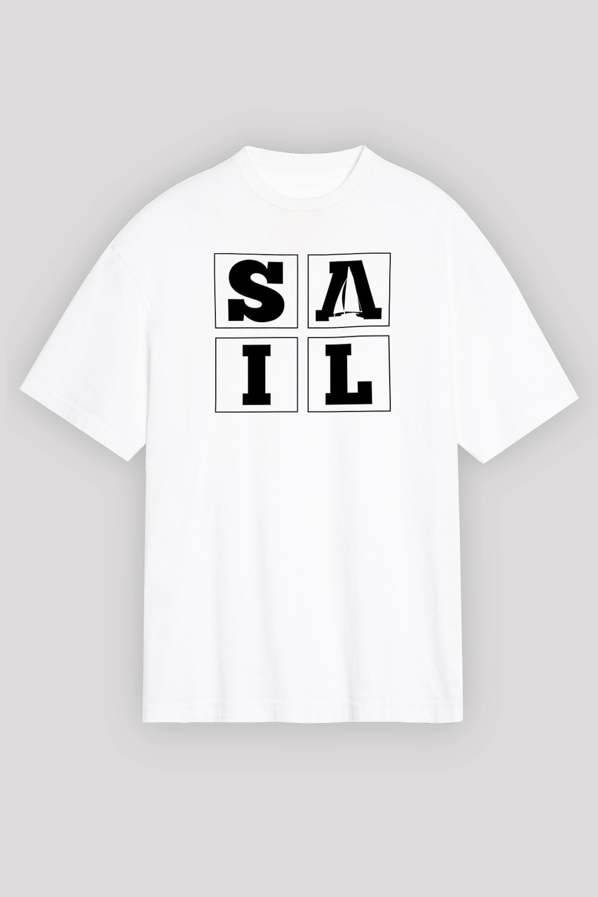 Yelken Baskılı Unisex Beyaz Oversize Tişört - Tshirt