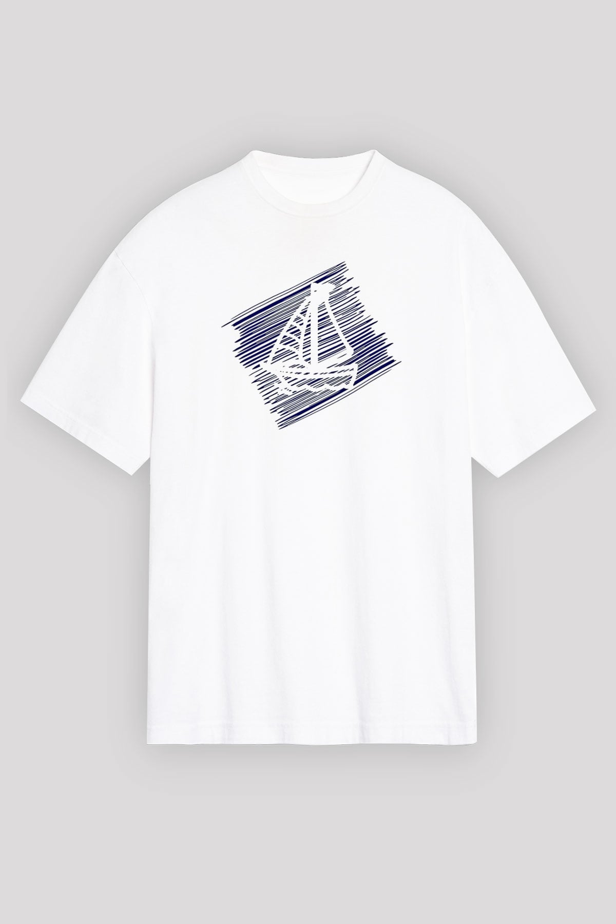 Yelken Baskılı Unisex Beyaz Oversize Tişört - Tshirt