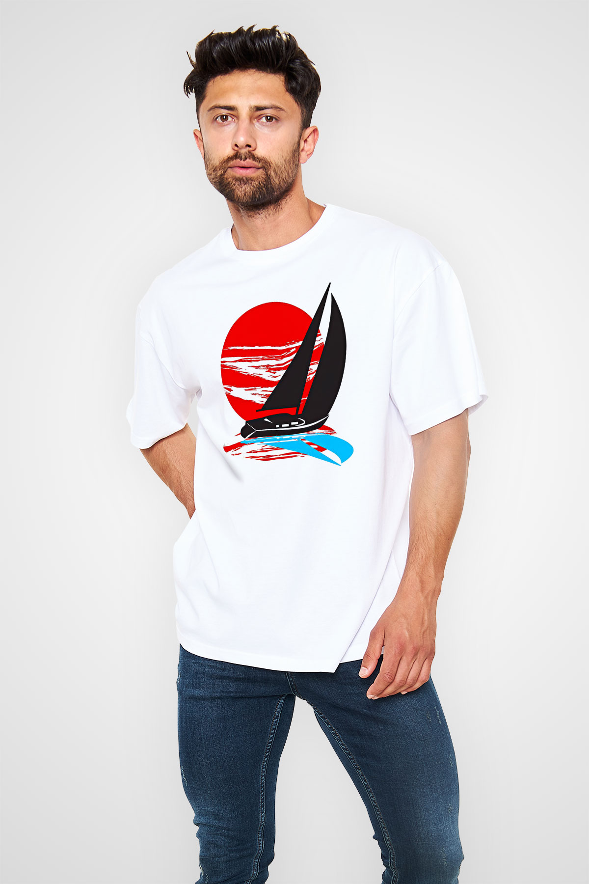 Yelken Baskılı Unisex Beyaz Oversize Tişört - Tshirt
