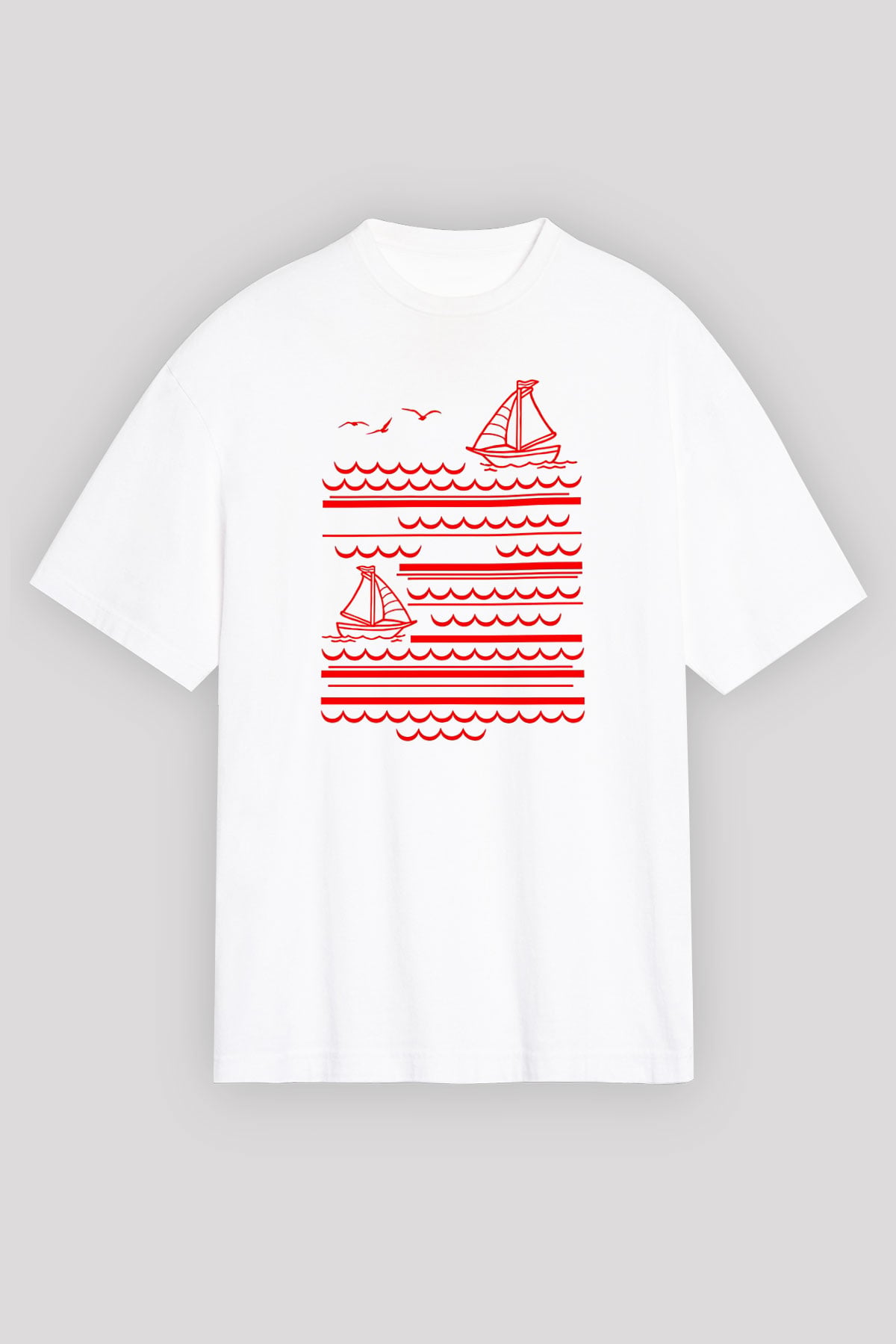 Yelken Baskılı Unisex Beyaz Oversize Tişört - Tshirt