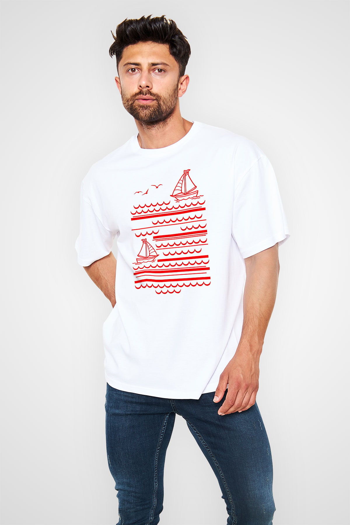 Yelken Baskılı Unisex Beyaz Oversize Tişört - Tshirt
