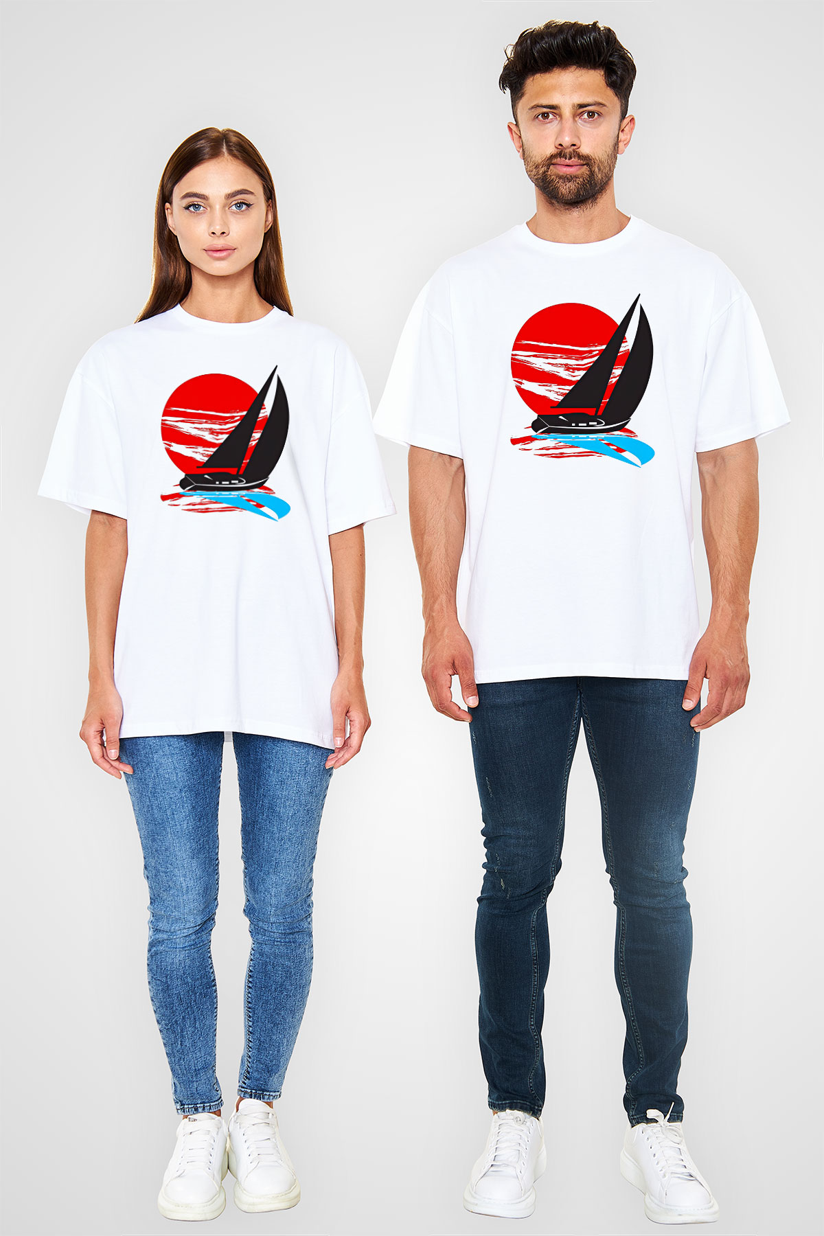 Yelken Baskılı Unisex Beyaz Oversize Tişört - Tshirt