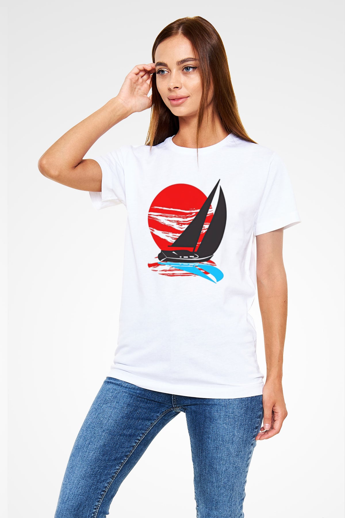 Yelken Baskılı Unisex Beyaz Tişört - Tshirt