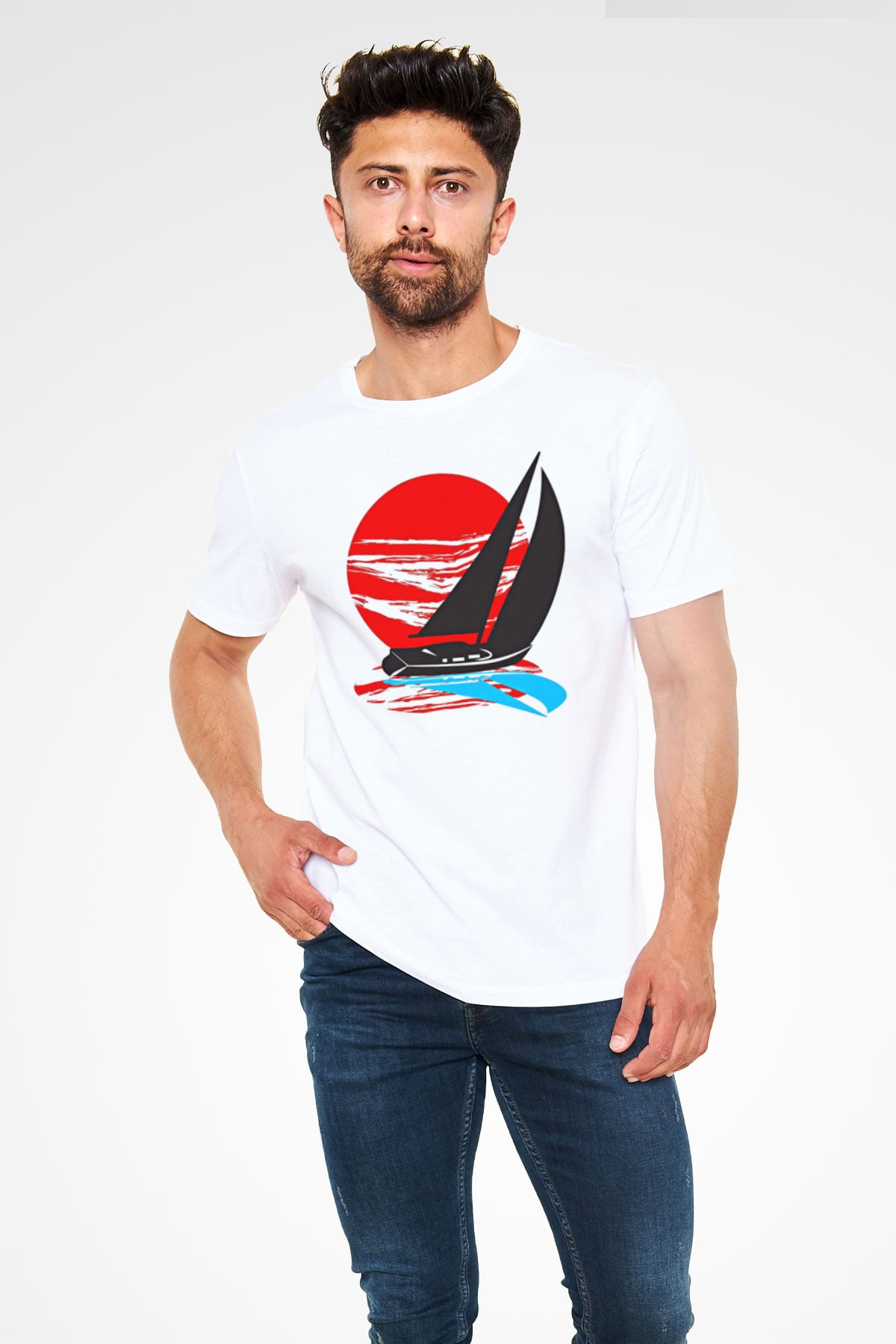 Yelken Baskılı Unisex Beyaz Tişört - Tshirt