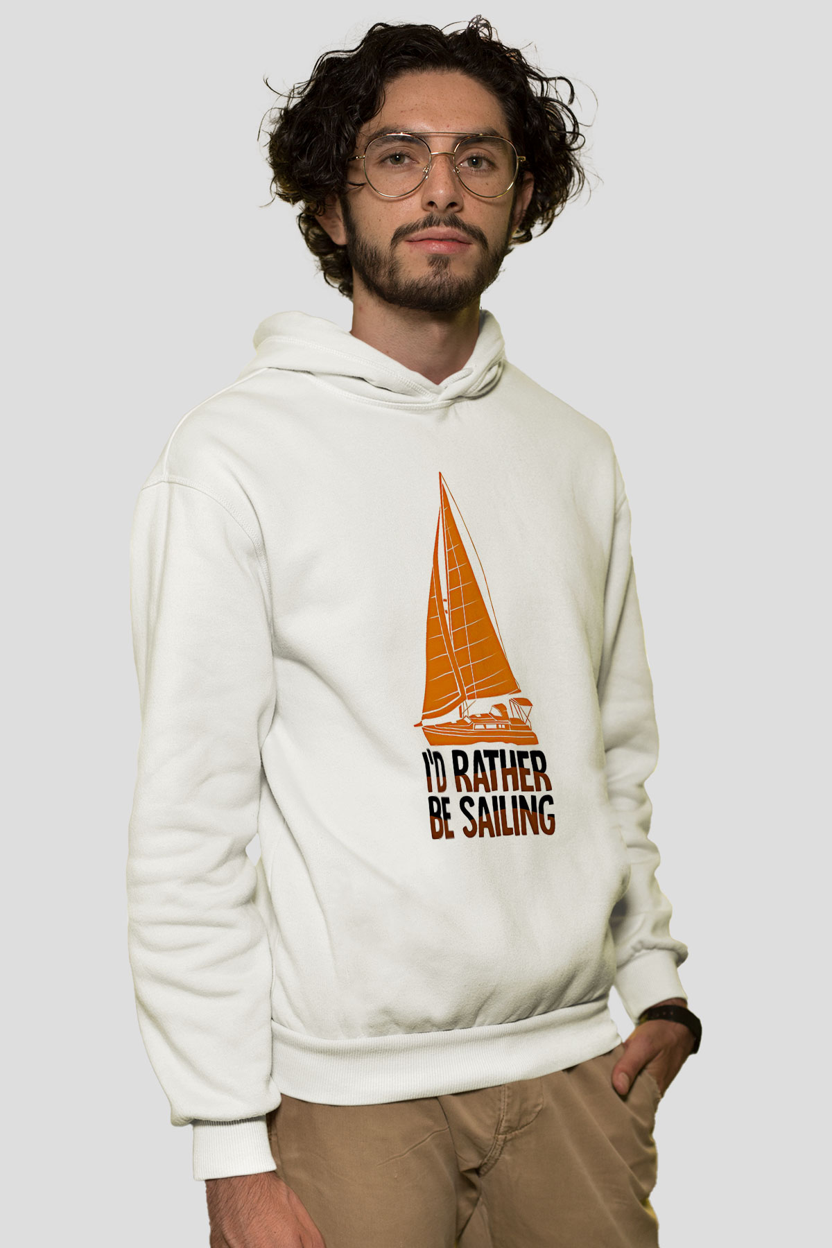 Yelken Baskılı Unisex Ekru Hoodie