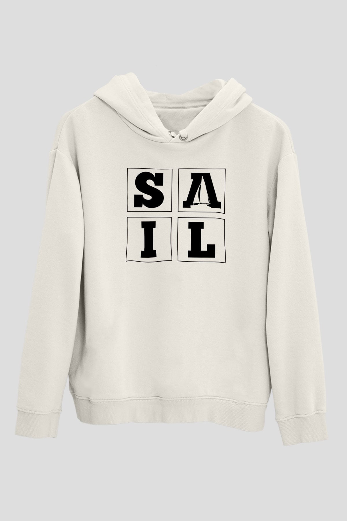 Yelken Baskılı Unisex Ekru Hoodie