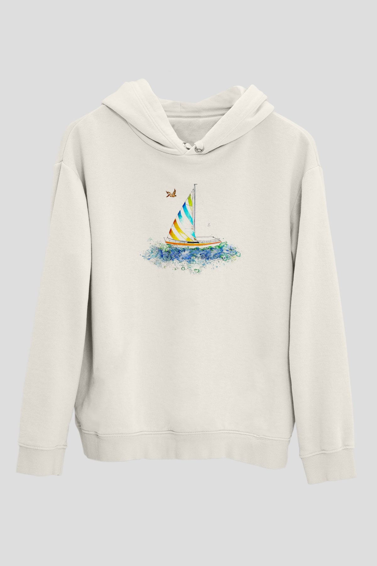 Yelken Baskılı Unisex Ekru Hoodie