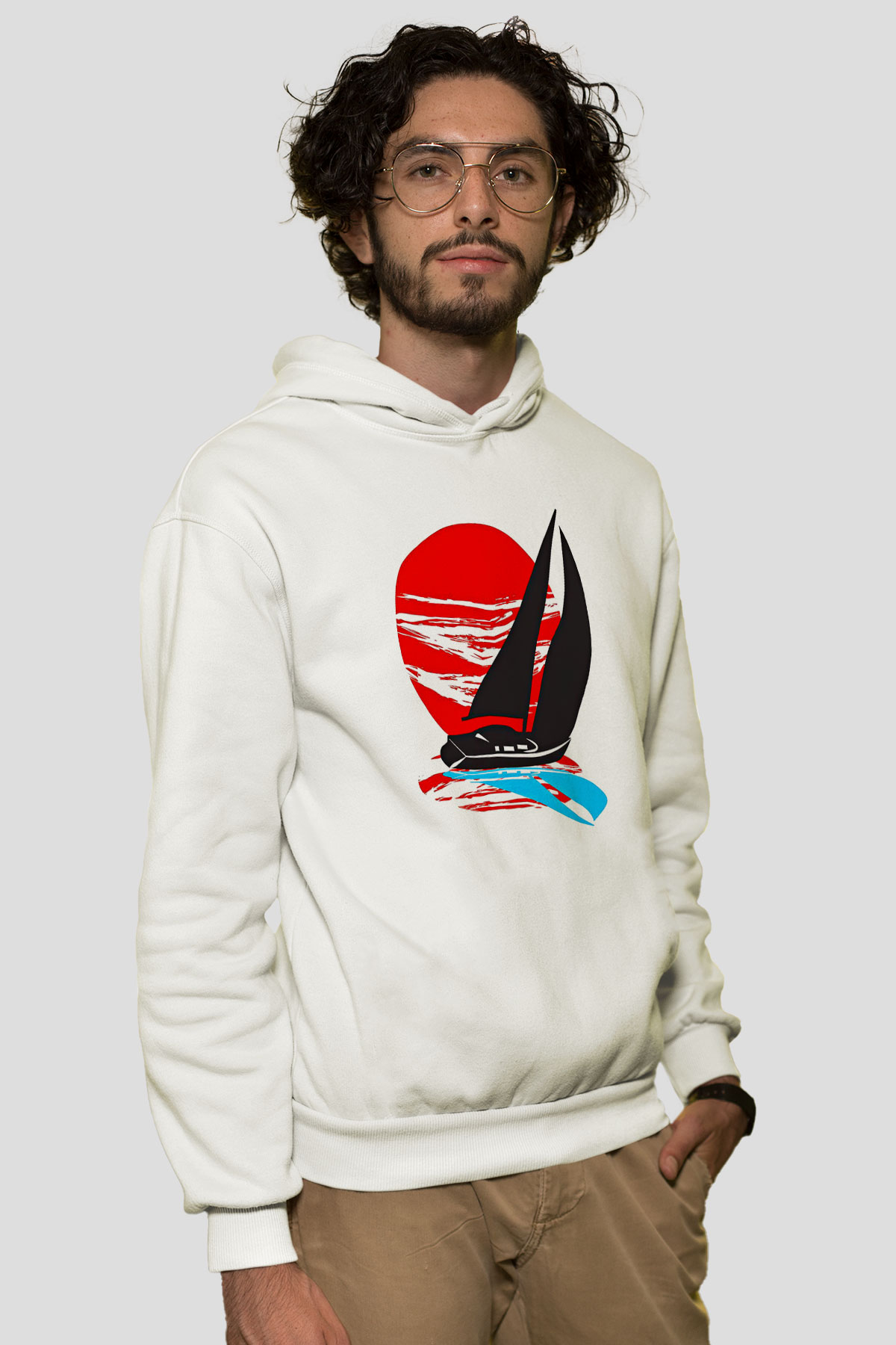 Yelken Baskılı Unisex Ekru Hoodie
