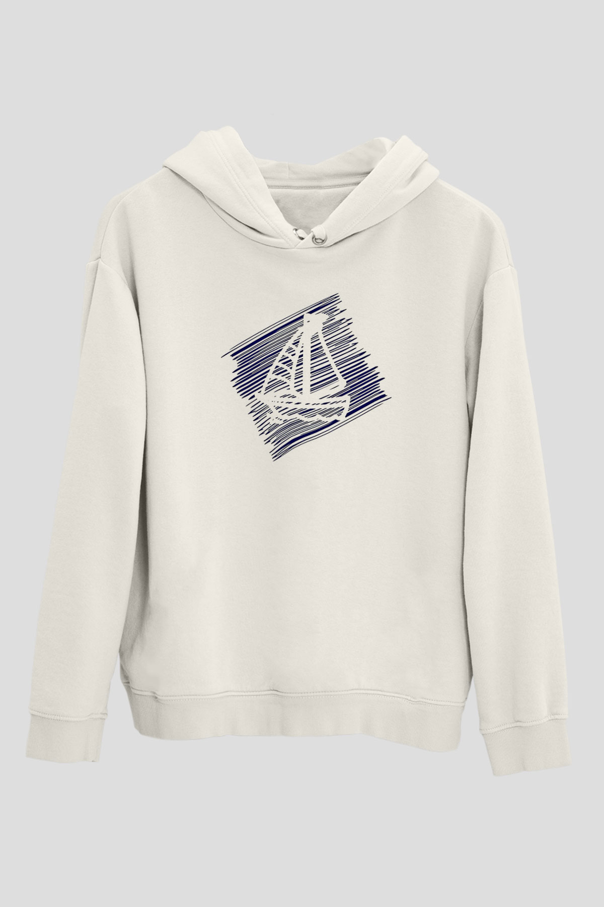 Yelken Baskılı Unisex Ekru Hoodie